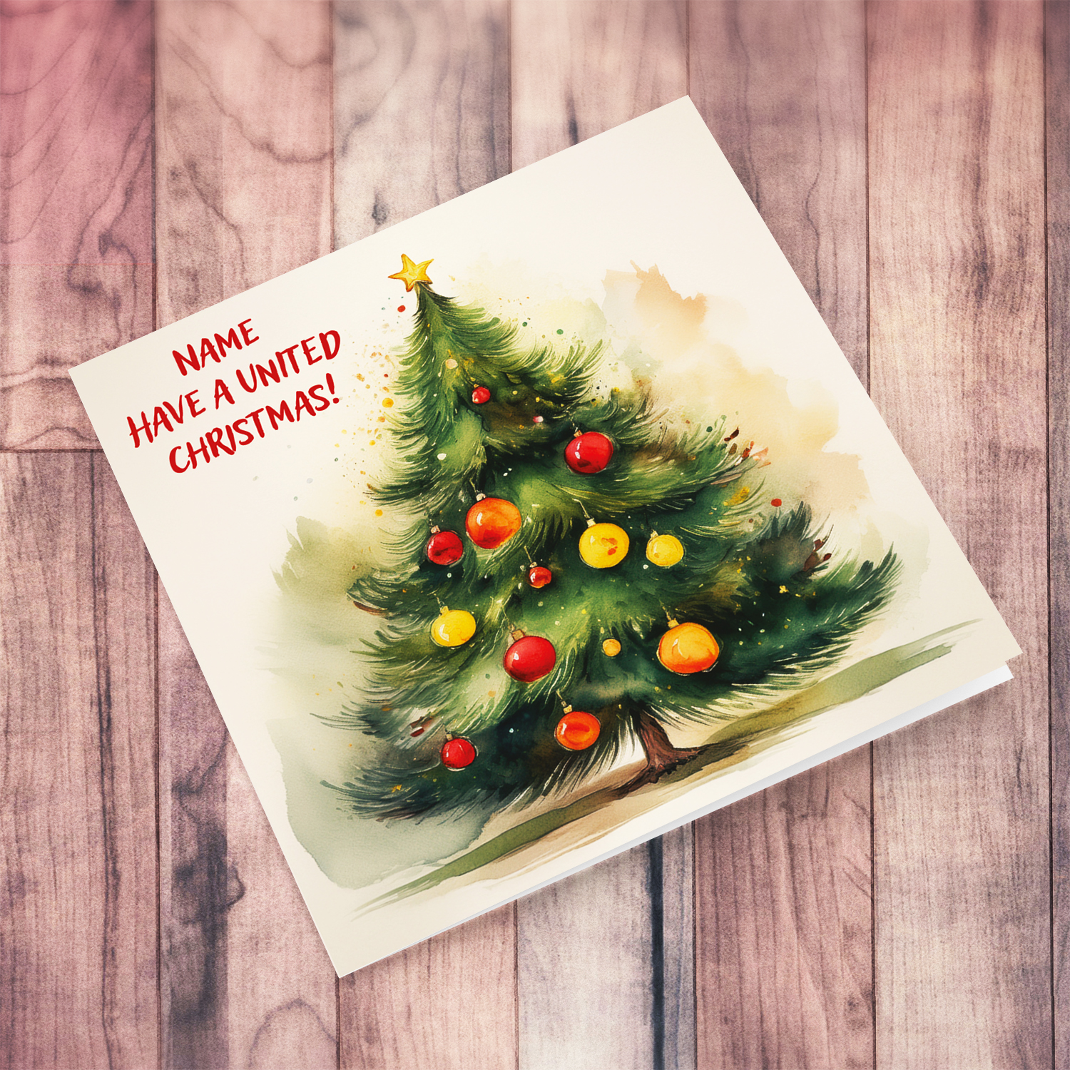A Christmas tree card featuring red and yellow baubles for the MANCHESTER UNITED Football Fans in English (Personalisable)
