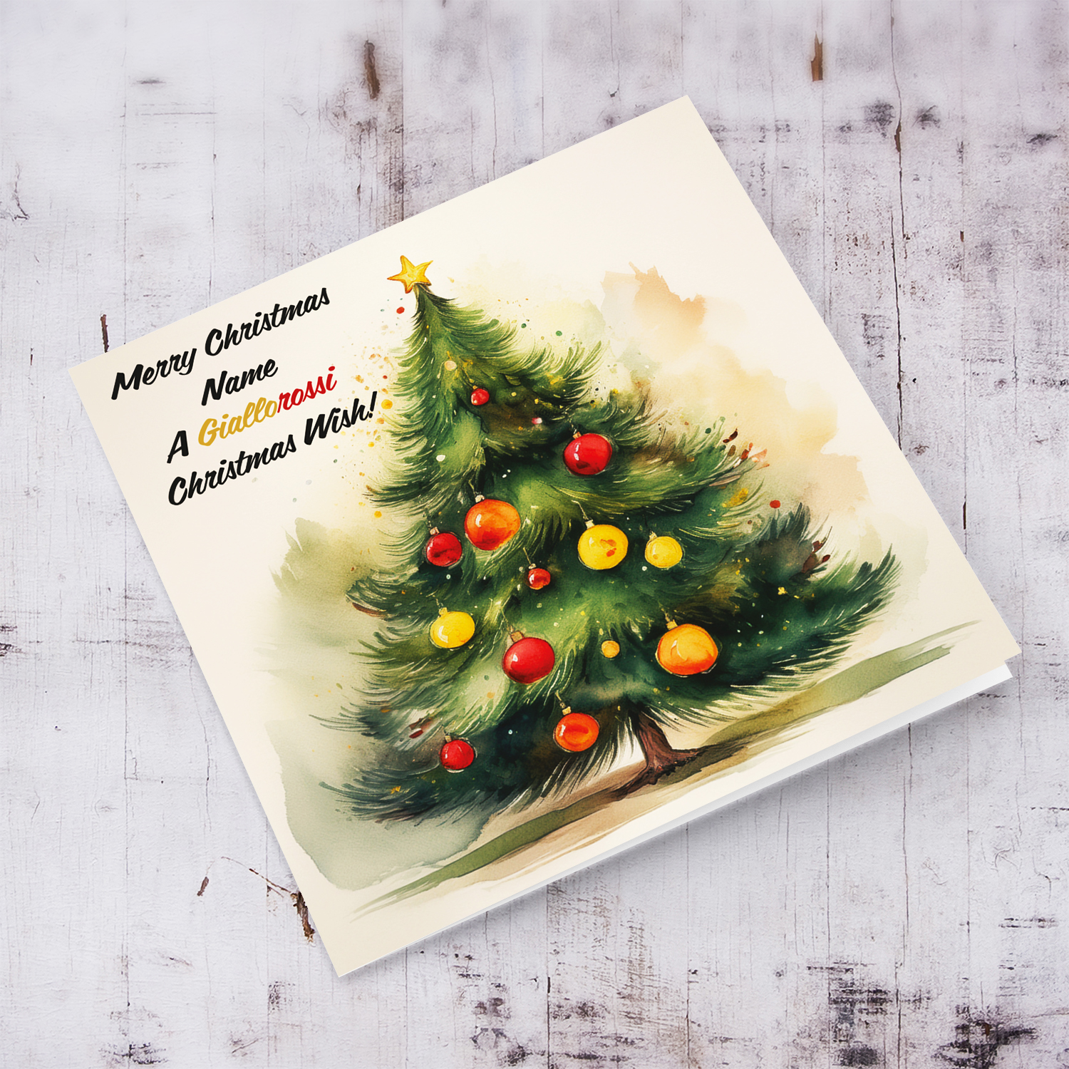 A Christmas tree card featuring red and yellow baubles for the ROMA Football Fans in English (Personalisable)