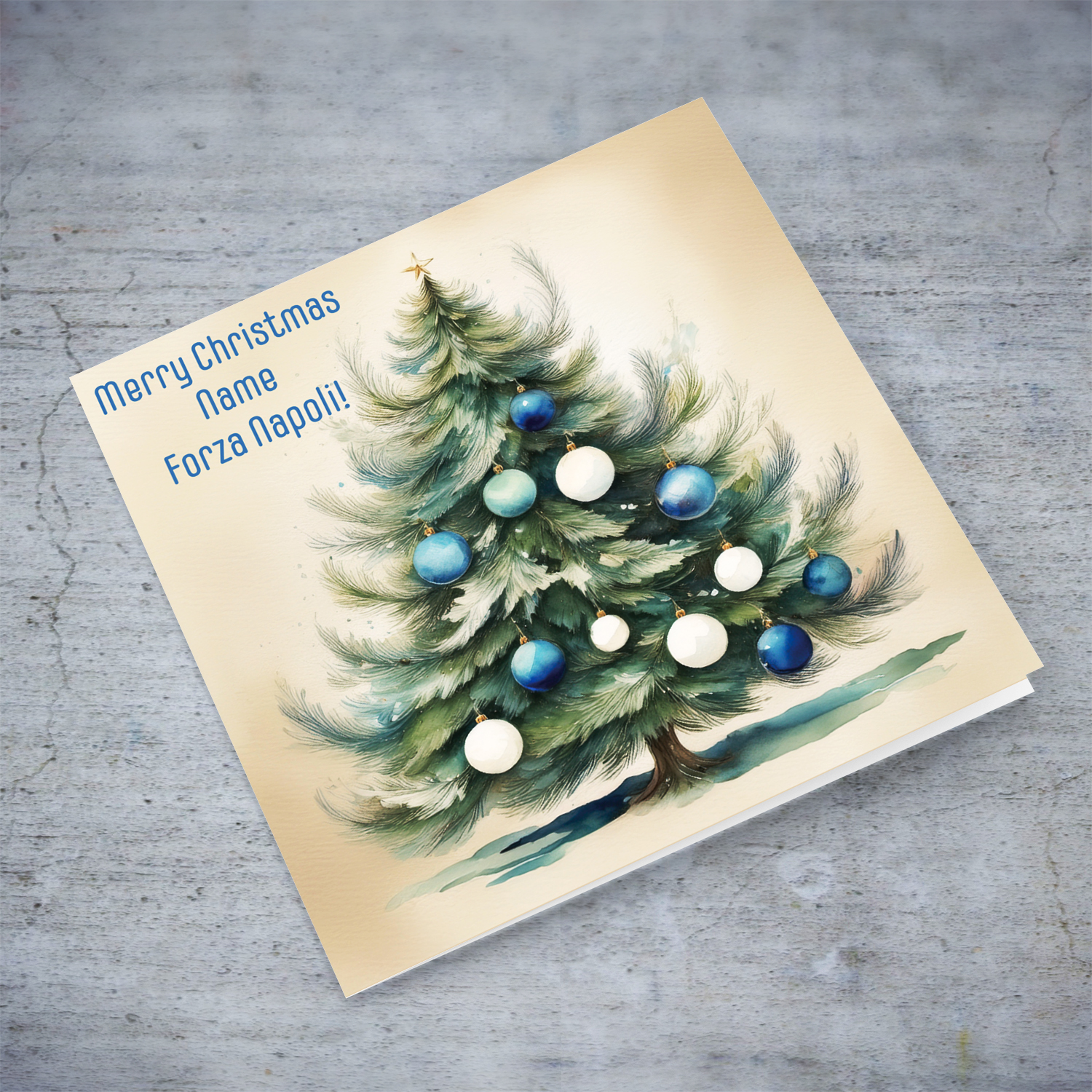 A Christmas tree card featuring white and light blue baubles for the NAPOLI Football Fans in English (Personalisable)
