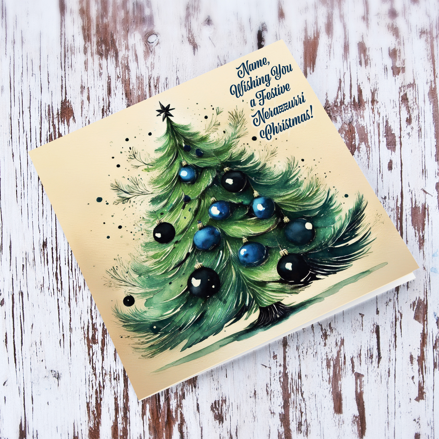 A Christmas tree card featuring black and blue baubles for the INTER Football Fans in English (Personalisable)