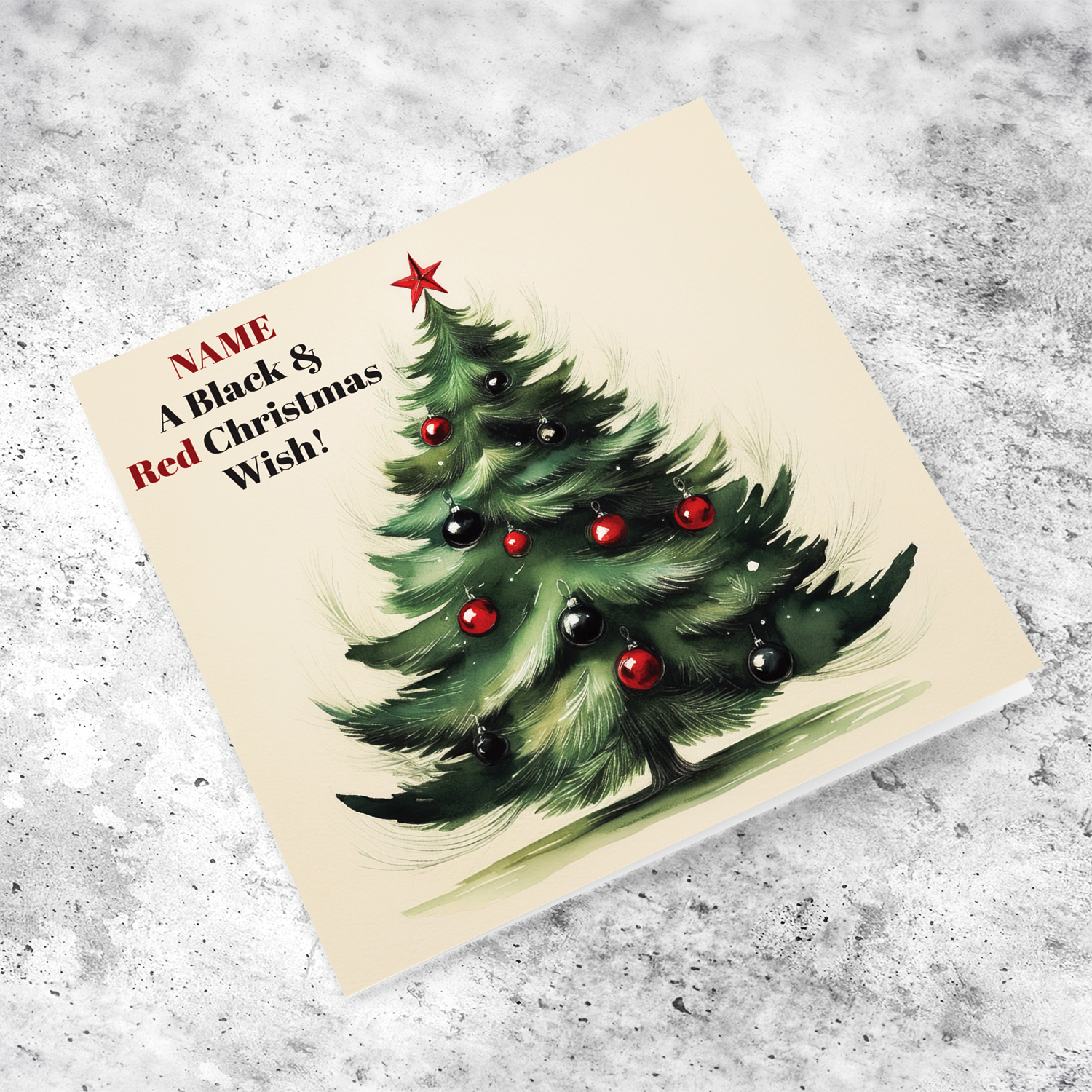 A Christmas tree card featuring black and red baubles for the MILAN Football Fans in English (Personalisable)