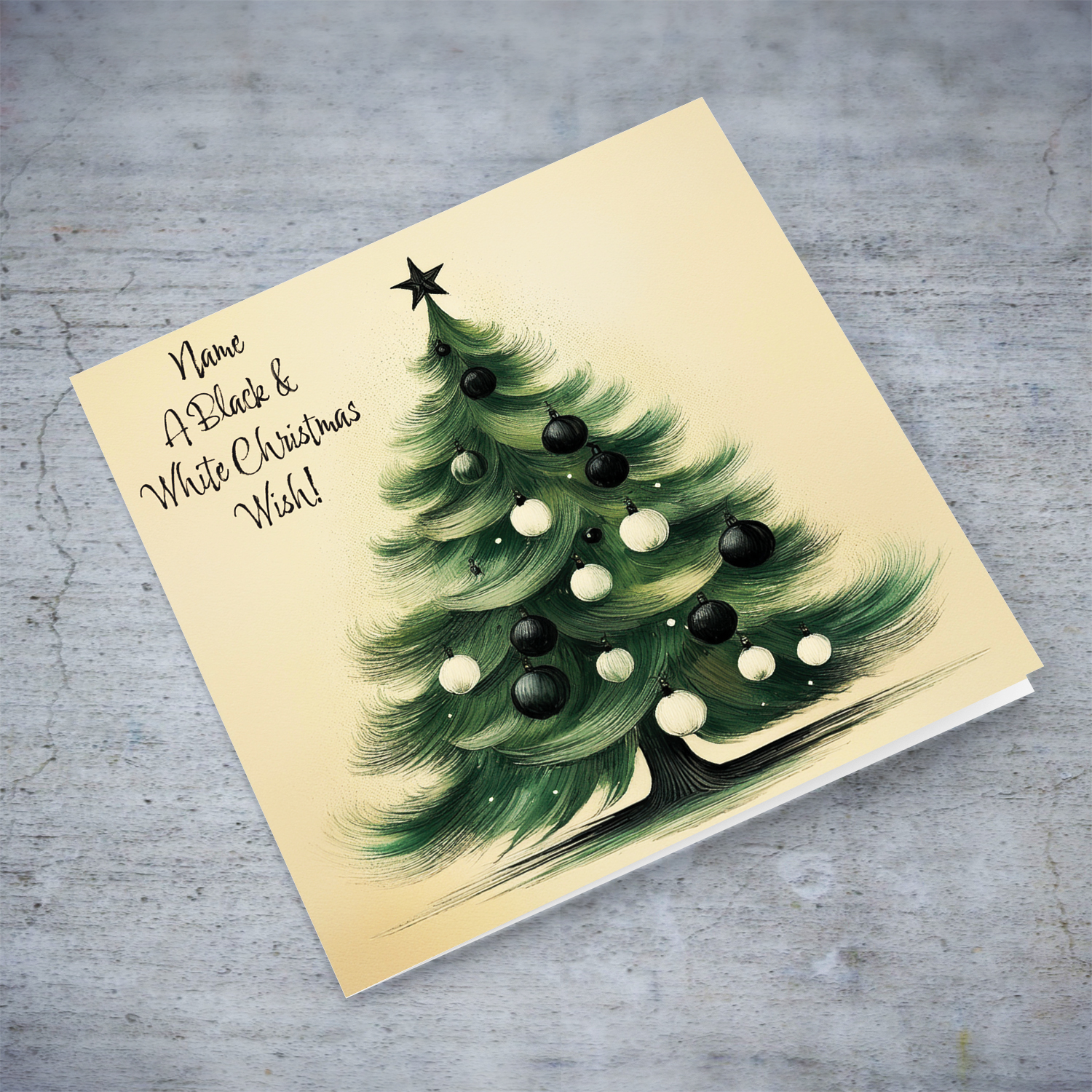 A Christmas tree card featuring black and white baubles for the JUVENTUS Football Fans in English (Personalisable)