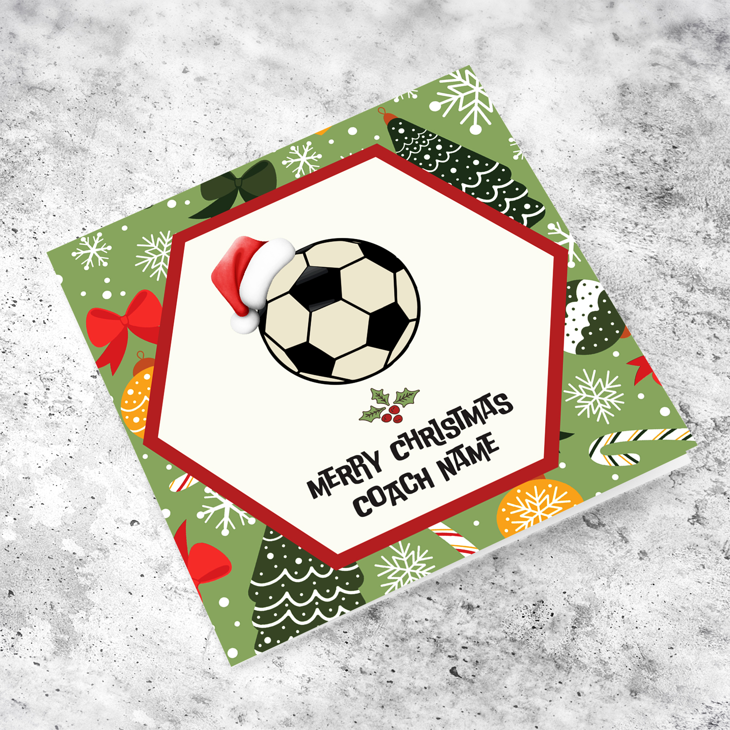 A greeting card for football coach, featuring a ball with Santa's hat, holly and a Christmas background  in English (Personalisable)