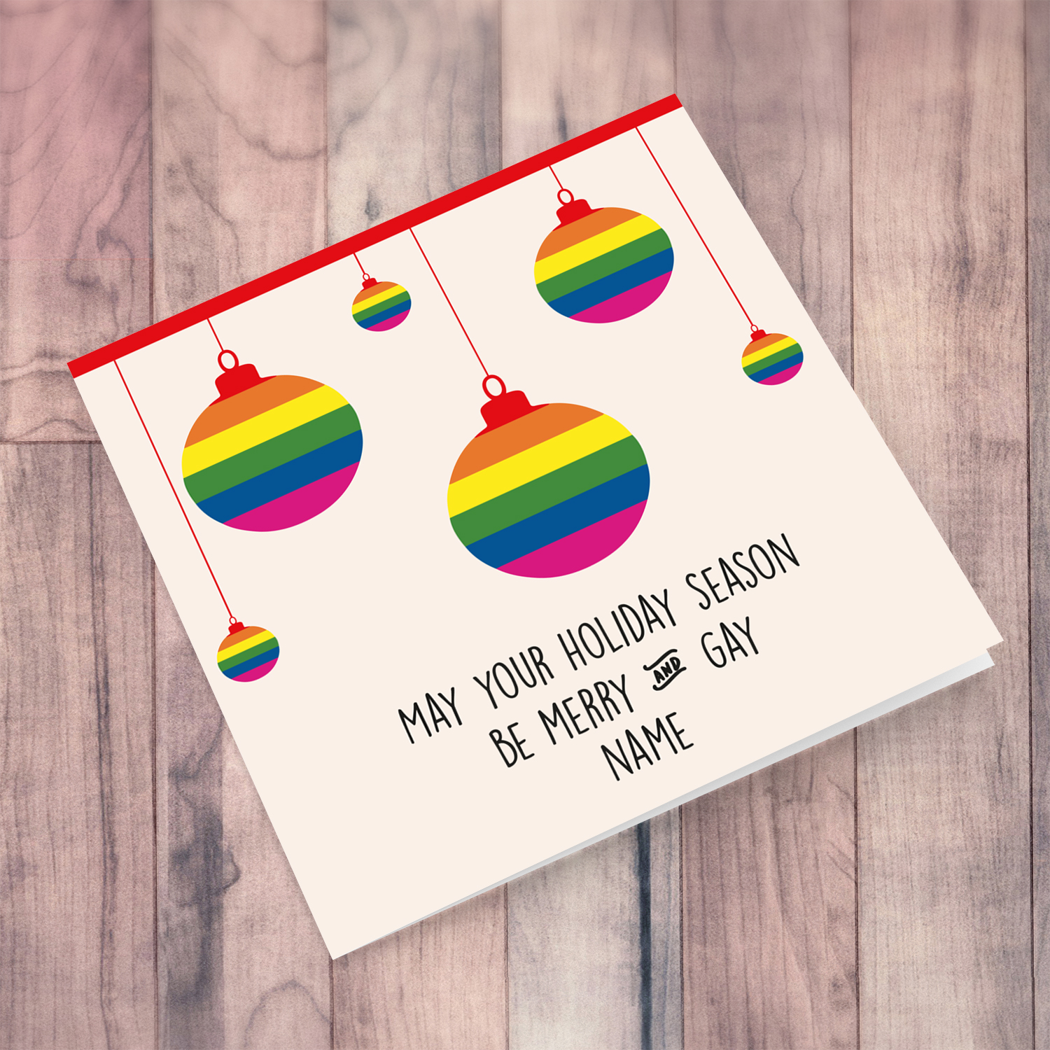 Rainbow hanging baubles personalisable Christmas card in English