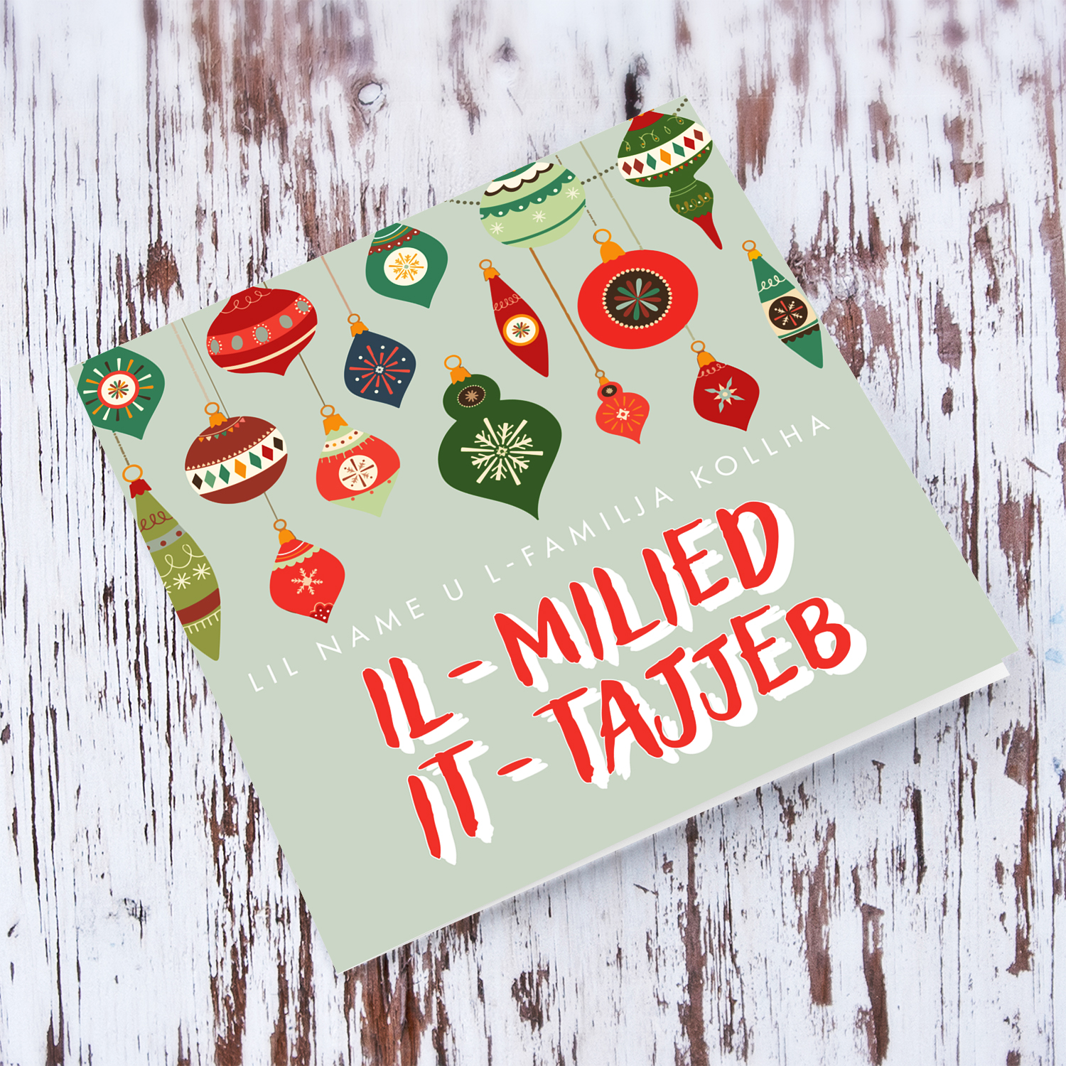 Various hanging baubles Christmas card in Maltese (Personalisable)