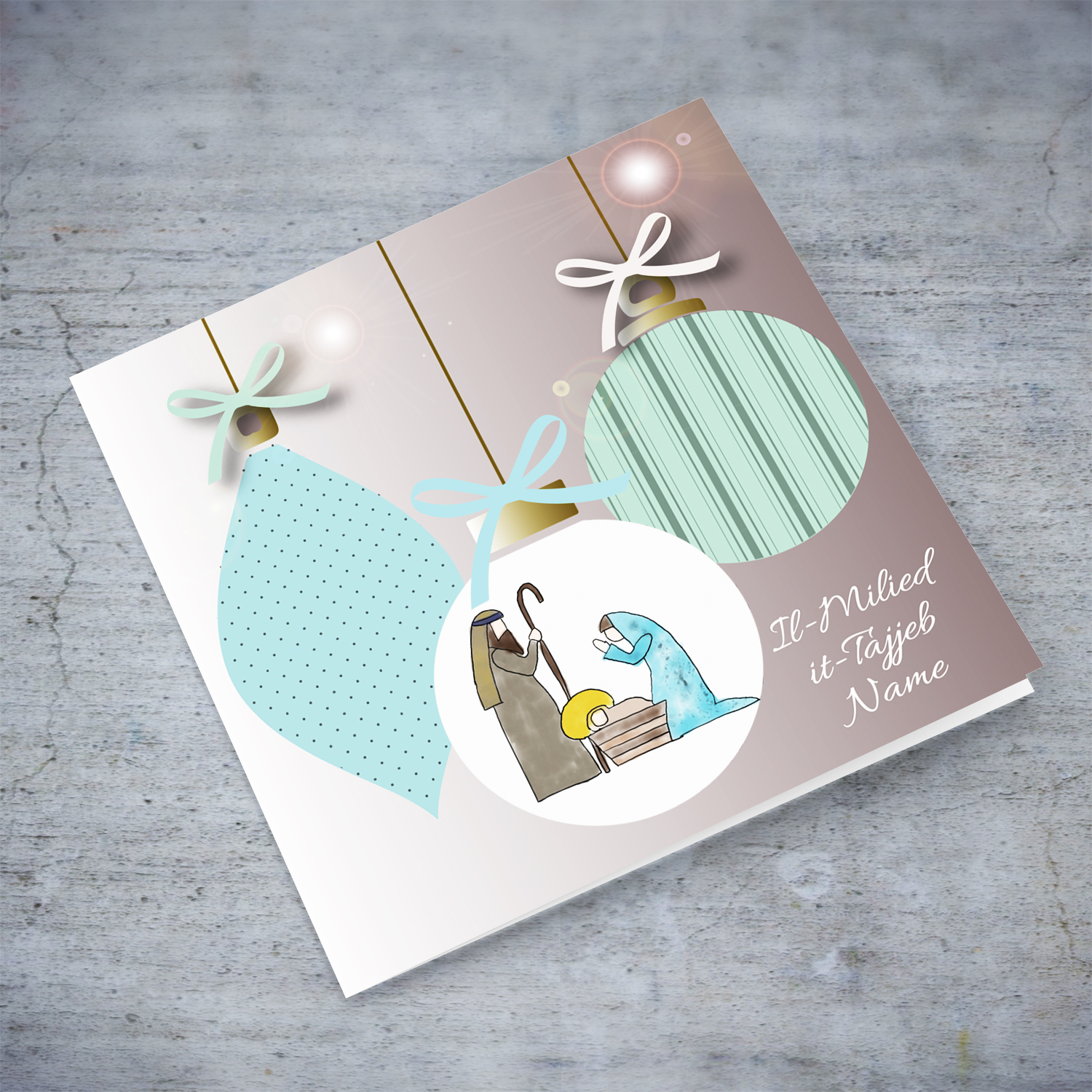 Nativity scene in bauble themed card in Maltese (Personalisable)