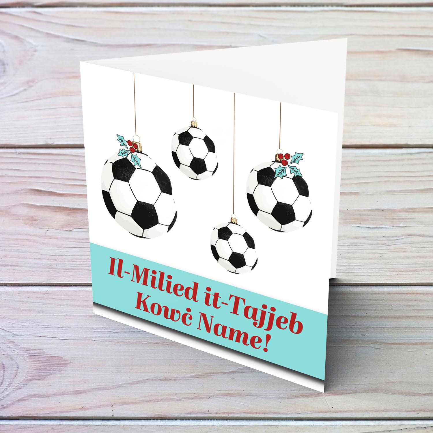 Hanging football themed Christmas card for Football Coach in Maltese (Personalisable)