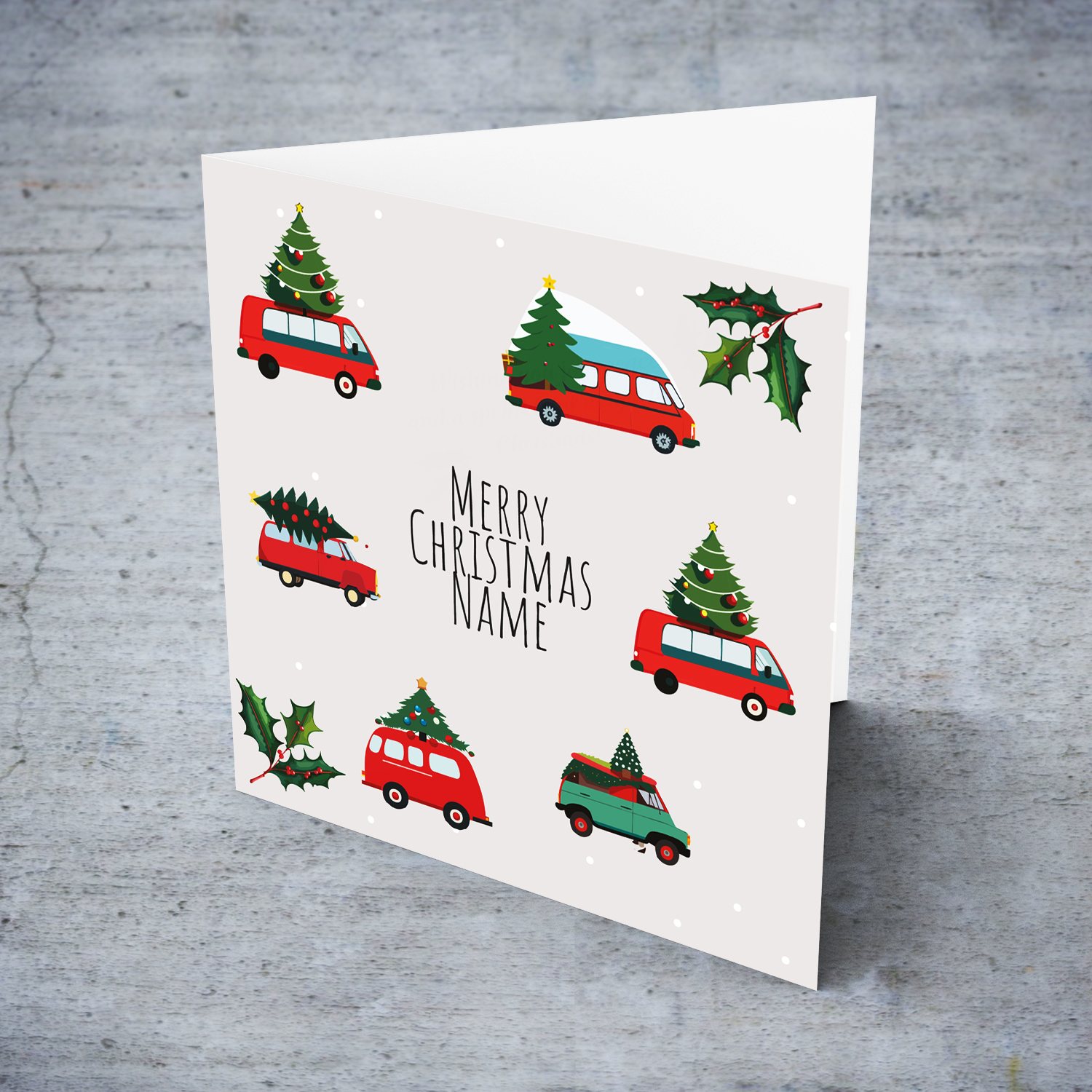 Vehicles carrying Christmas trees Christmas card in English (Personalisable)