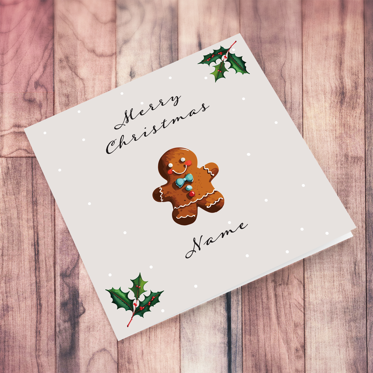 Cute gingerbread themed Christmas card with hollies in English (Personalisable)