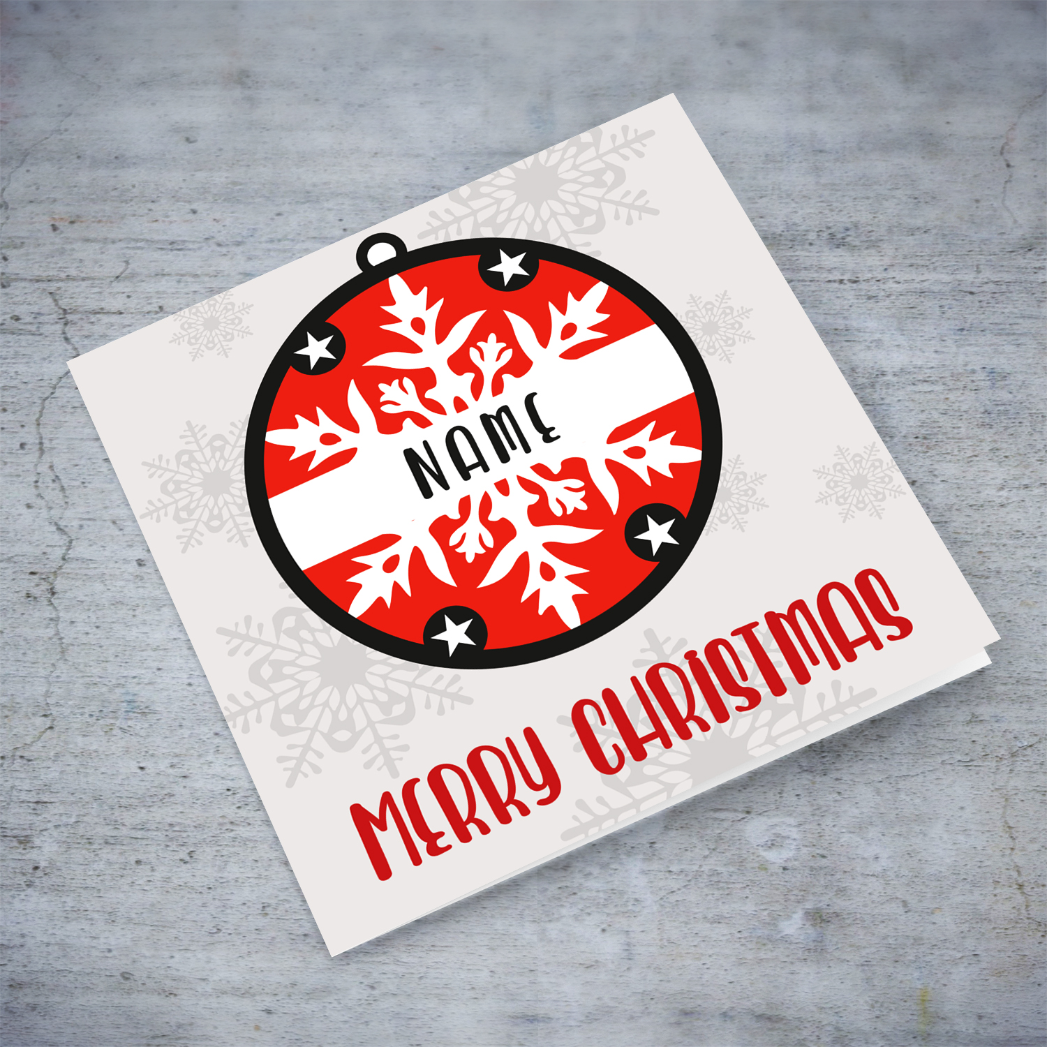 Hanging bauble red themed personalisable Christmas card in English 