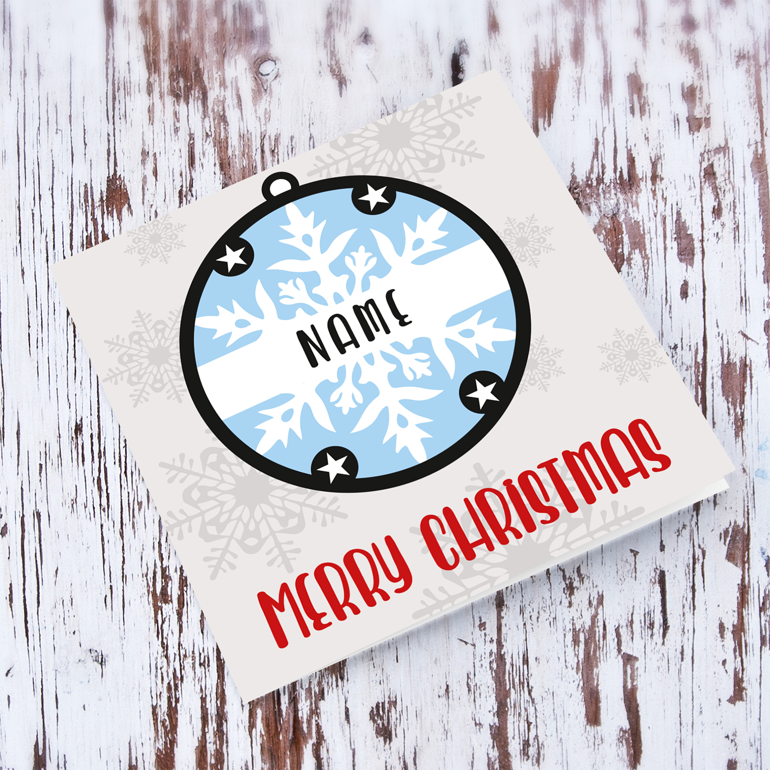 Hanging bauble light blue themed personalisable Christmas card in English 