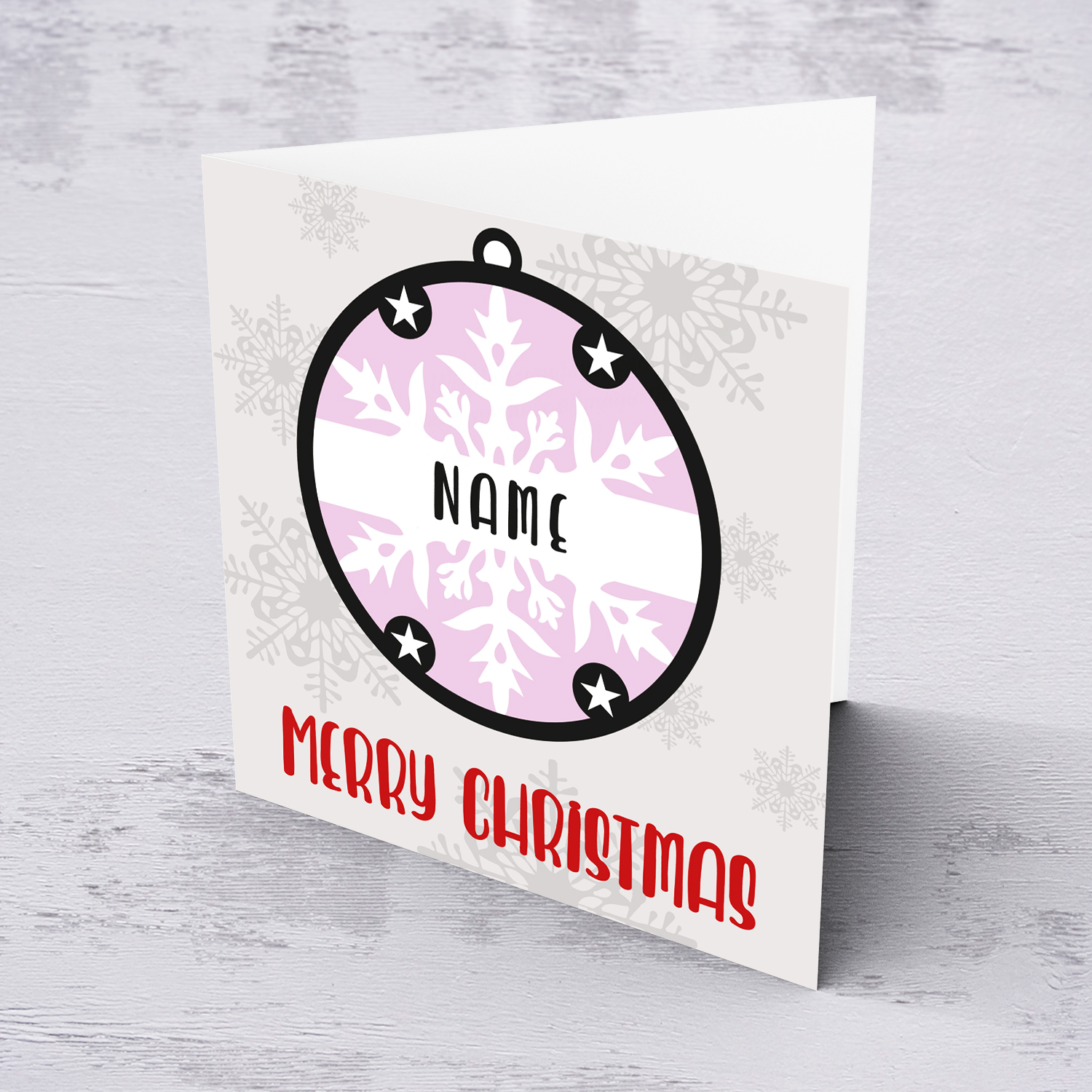Hanging bauble light pink themed personalisable Christmas card in English 