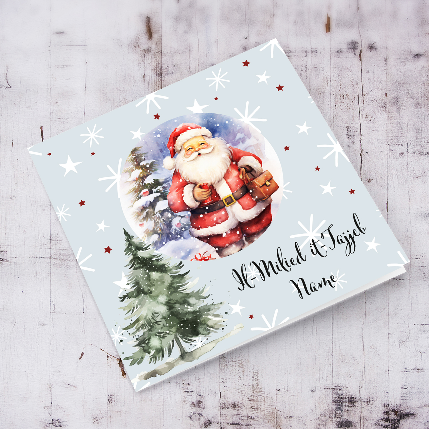 Cute Father Christmas  themed Xmas card with scattered white flakes and red stars in Maltese (Personalisable)