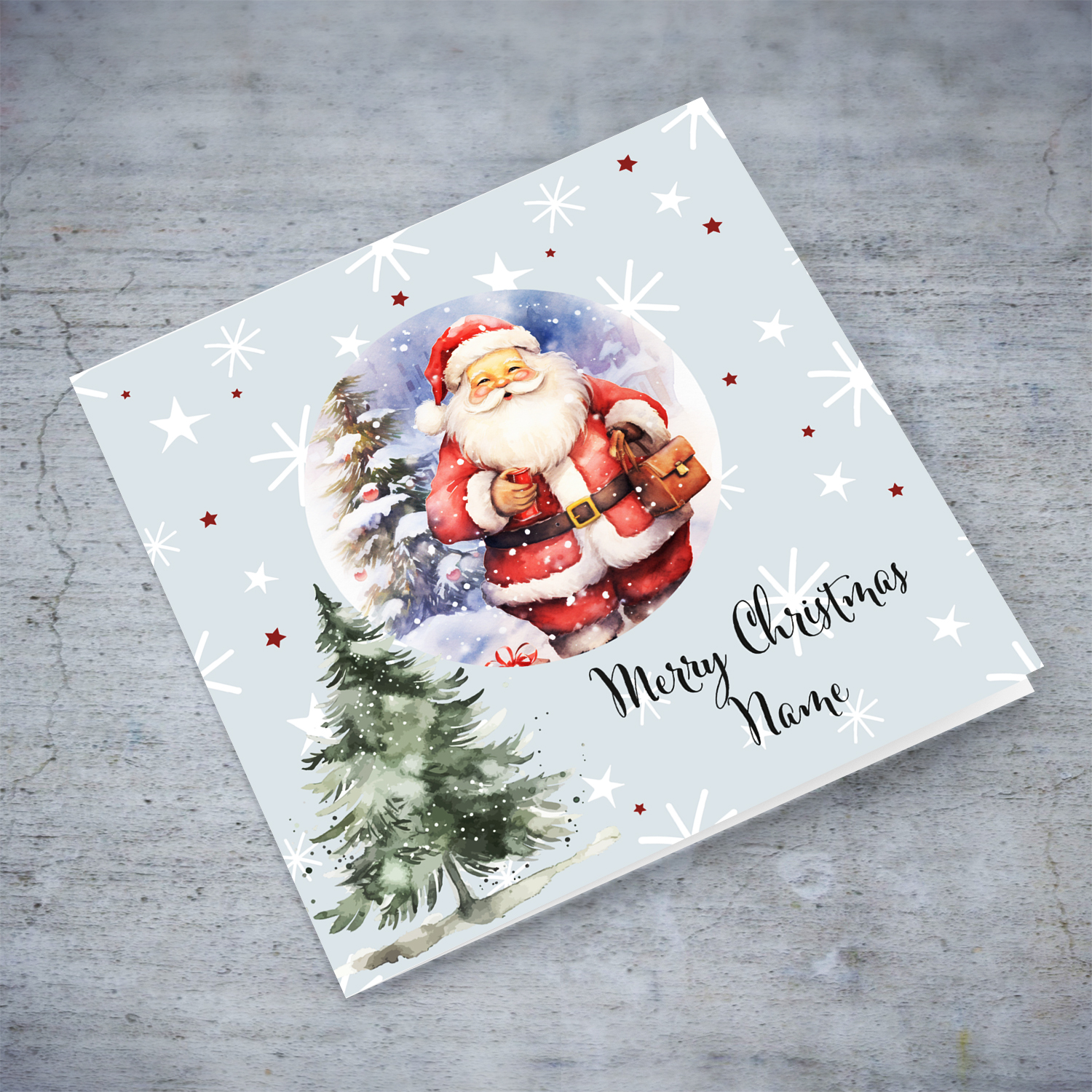 Cute Father Christmas themed Xmas card with scattered white flakes and red stars in English (Personalisable)