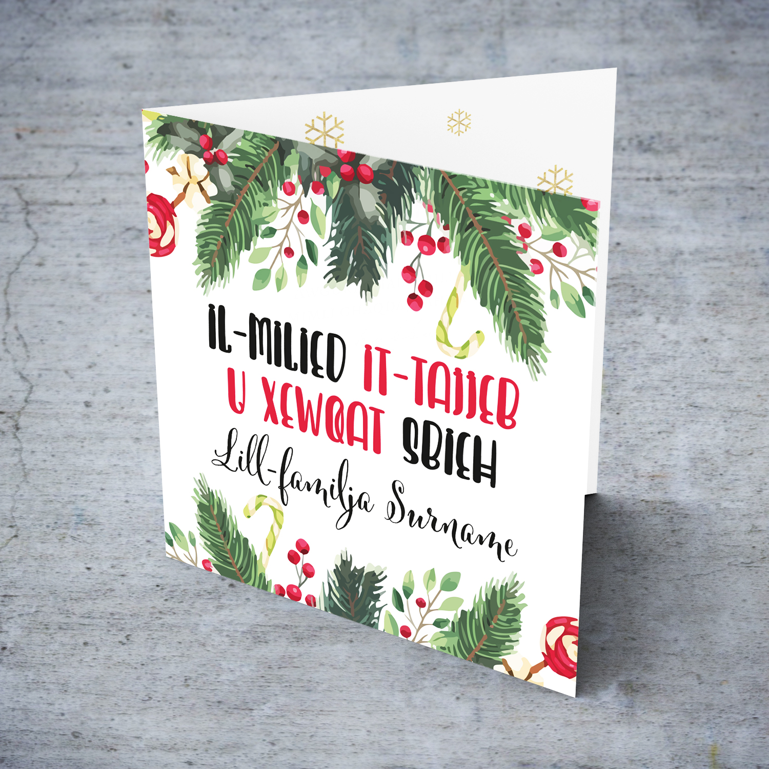Merry Christmas to family Surname - Christmas holly greeting card in Maltese (Personalisable)