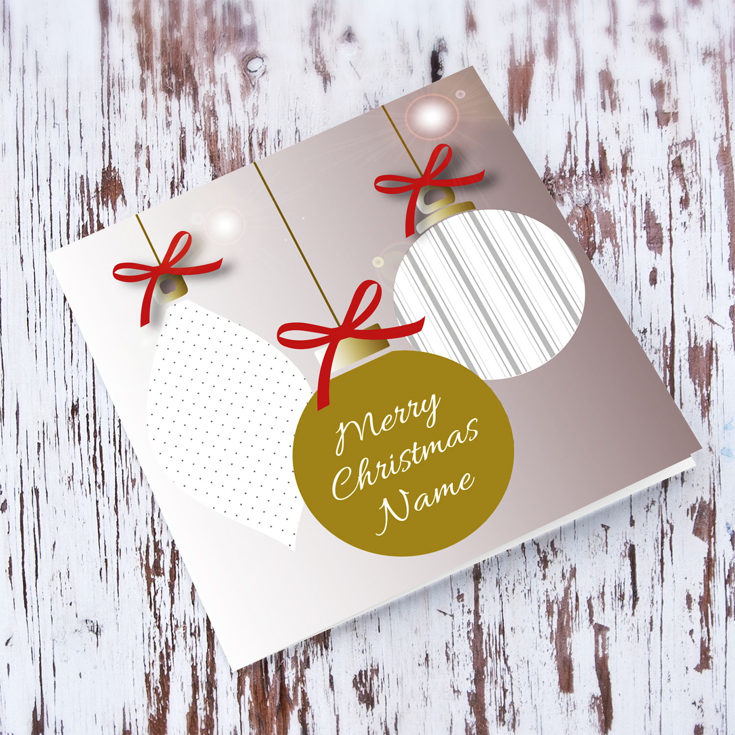 Bauble themed Christmas card with gold baubles and red bow ties in English (Personalisable, Neutral & Unisex)