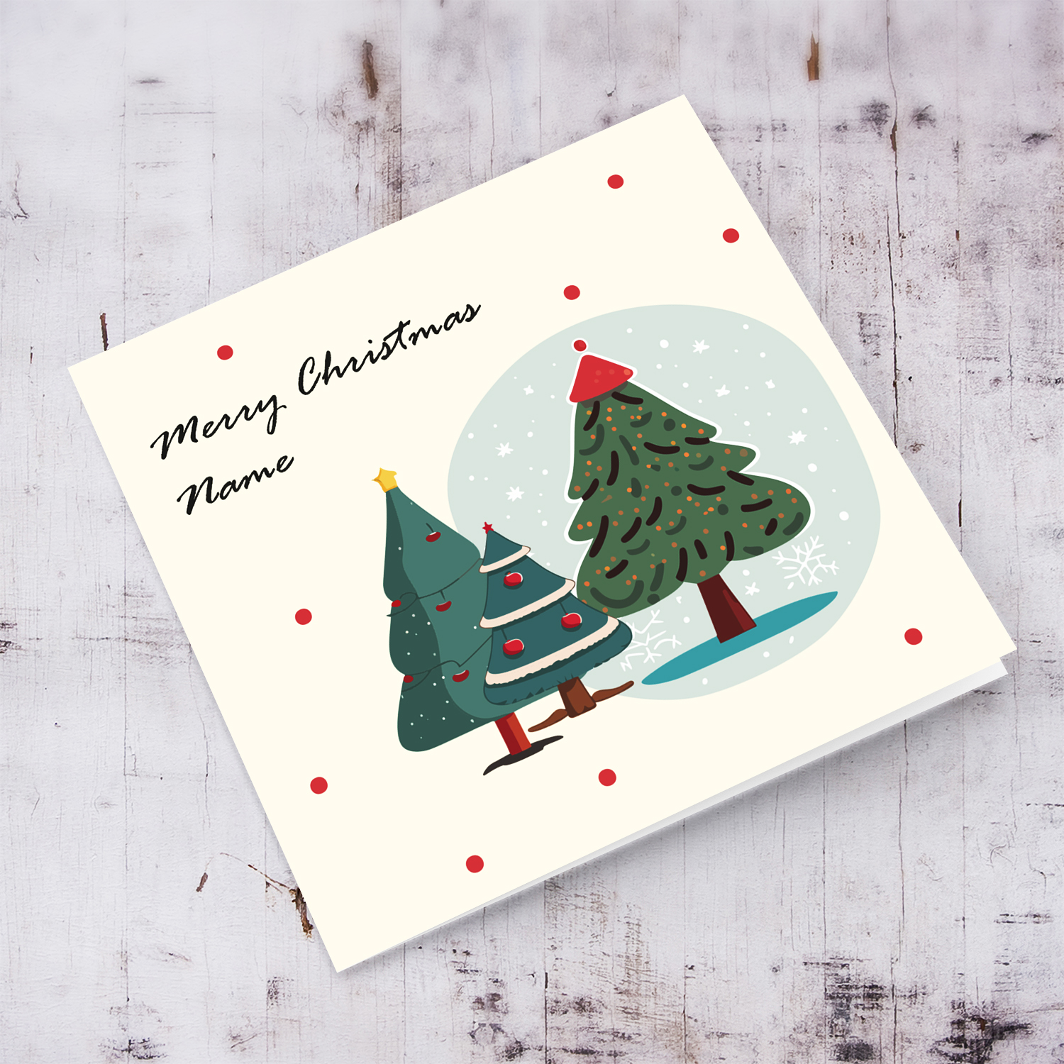 Minimalist Christmas trees themed card with scattered red dots in English (Personalisable)