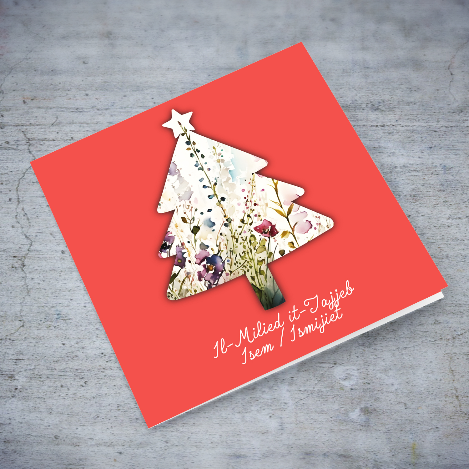 Bright coloured background with a christmas shaped xmas tree with light coloured flowers in Maltese