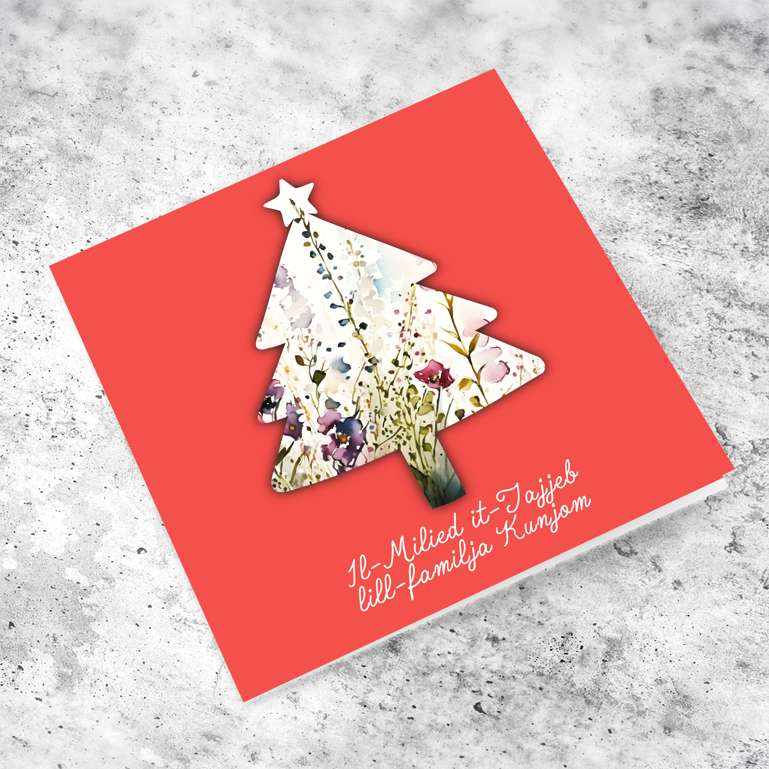 Bright coloured background with a christmas shaped xmas tree with light coloured flowers in Maltese (Personalisable)