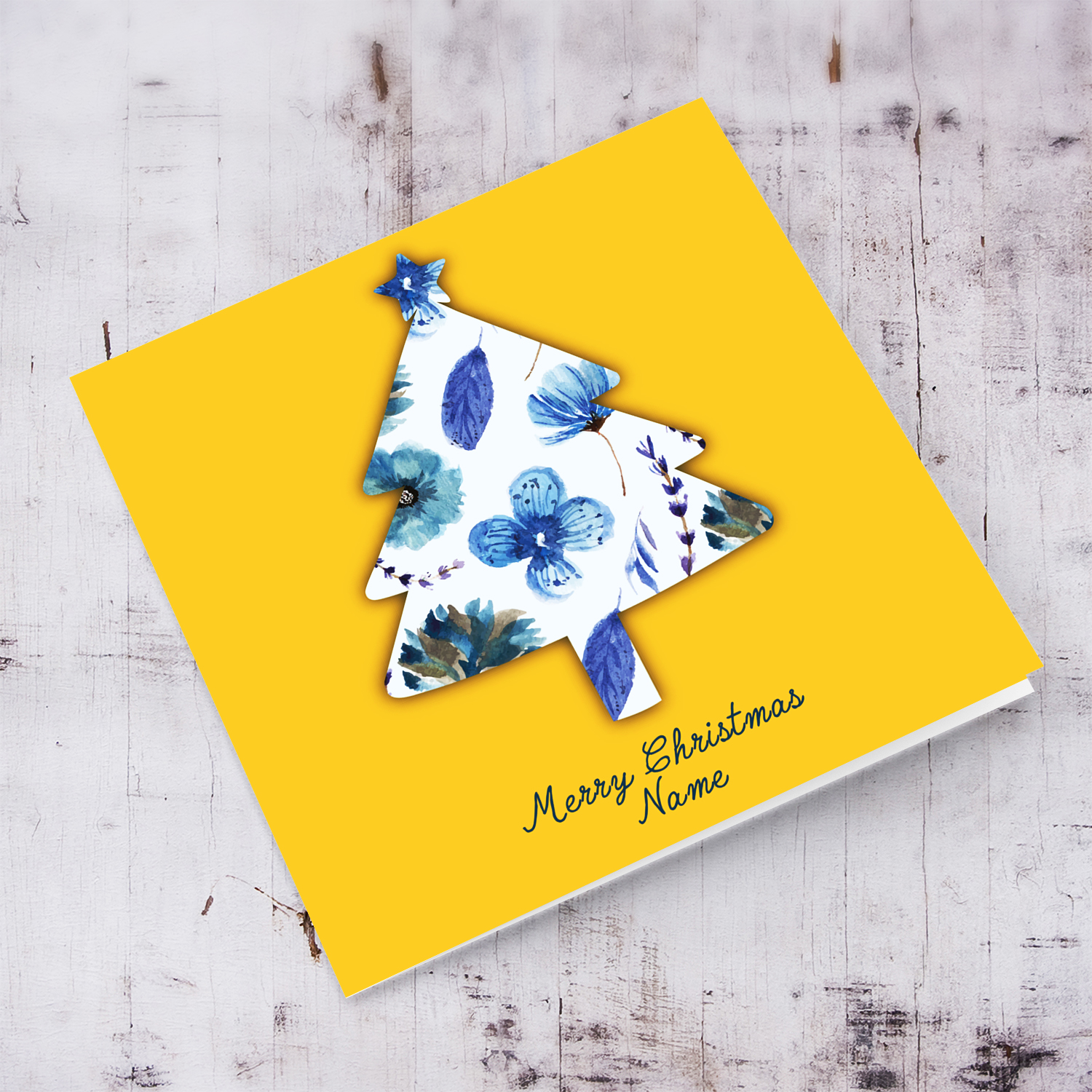 Shades of blue flowery Christmas tree shaped card in bright yellow background in English (Personalisable)