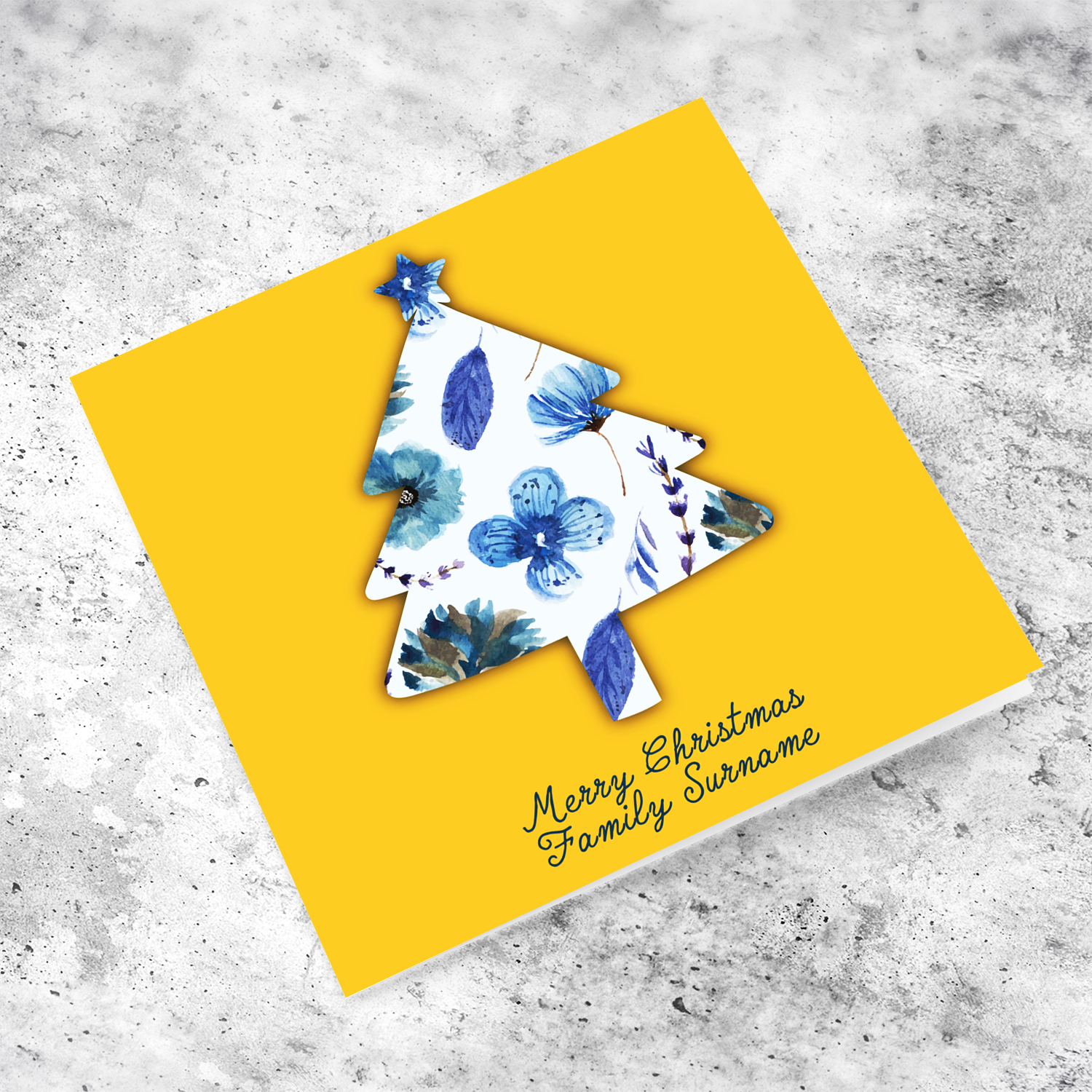 Shades of blue flowery Christmas tree shaped card in bright yellow background in English (Personalisable)