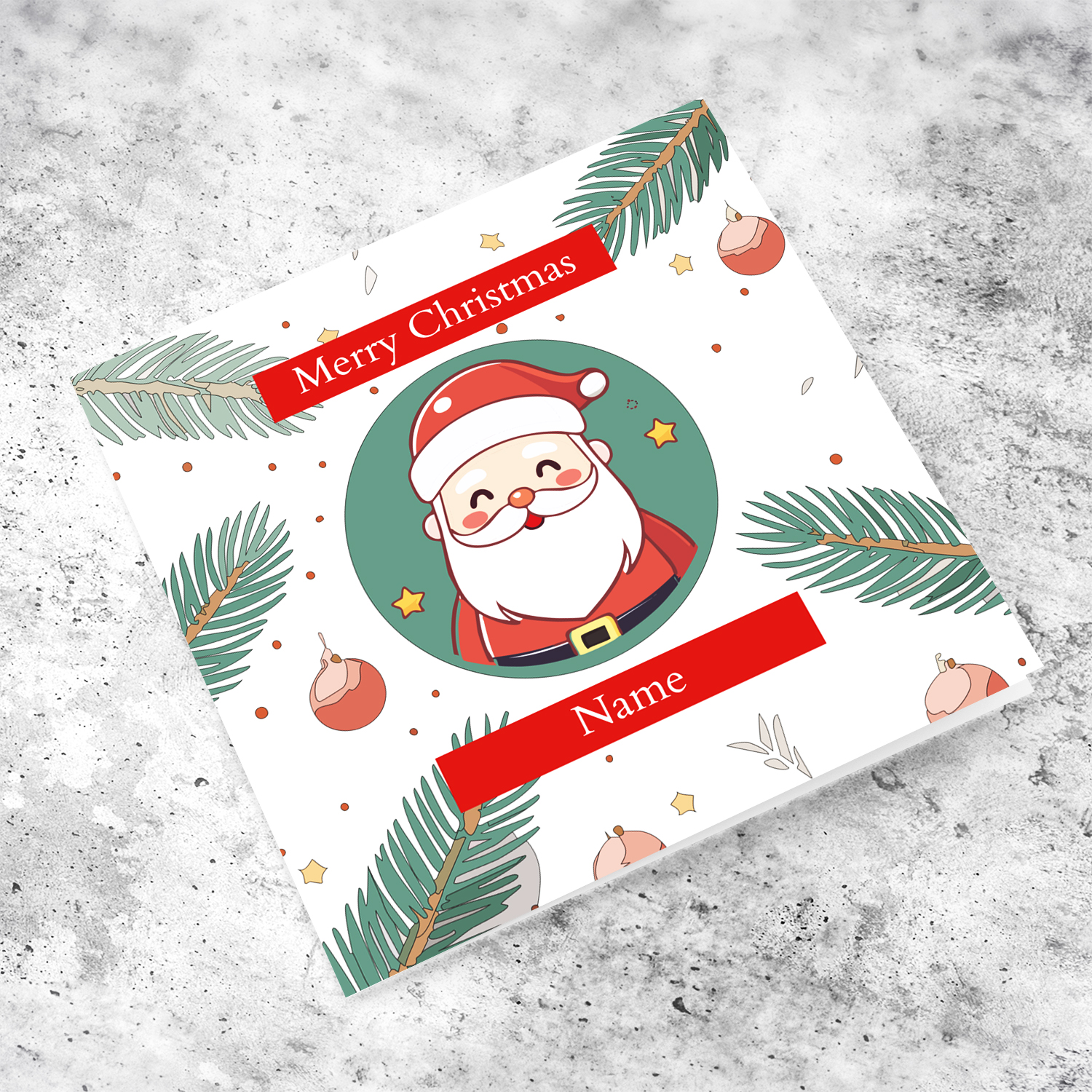 Father Christmas themed xmas card with branches and baubles in English (Personalisable)