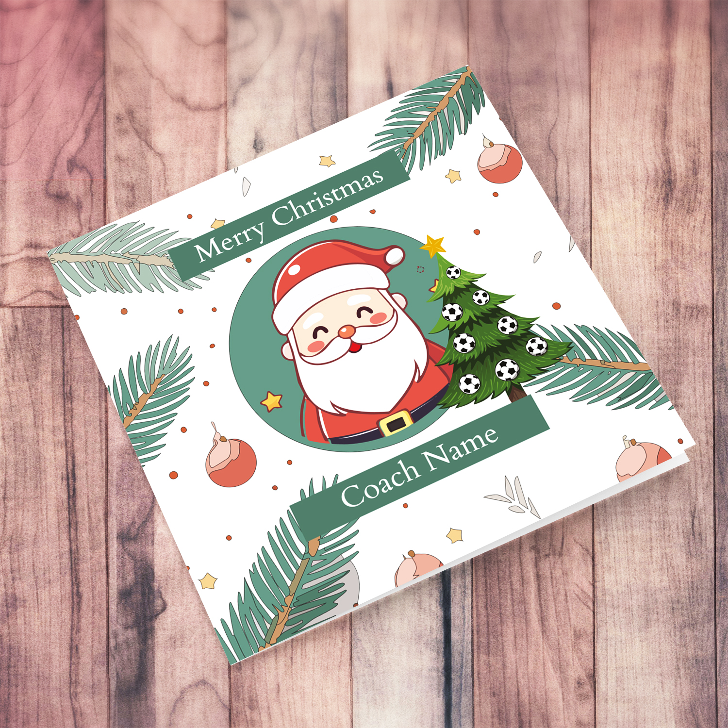 Father Christmas themed xmas card with branches and baubles for Coach in English (Personalisable)