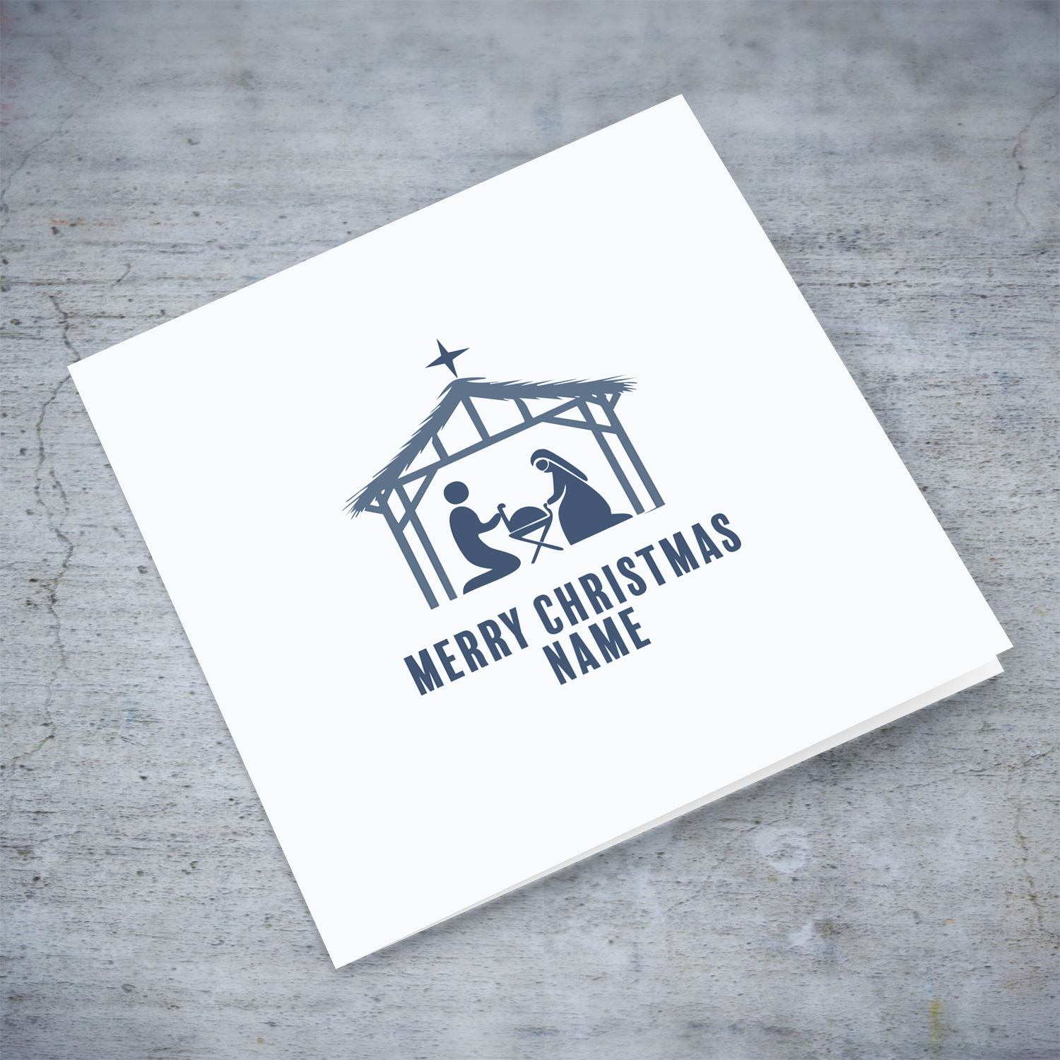 Monochrome Christmas card with minimalist nativity scene in English (Personalisable)