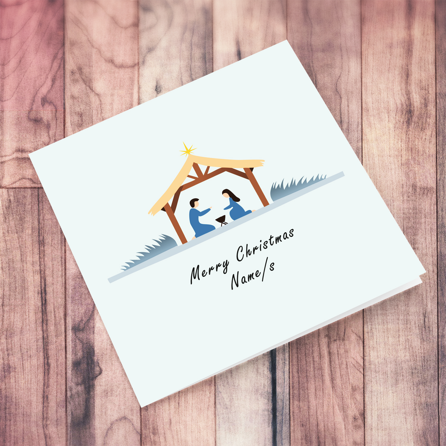 Minimalist nativity scene Christmas card in light blue background in English (Personalisable)