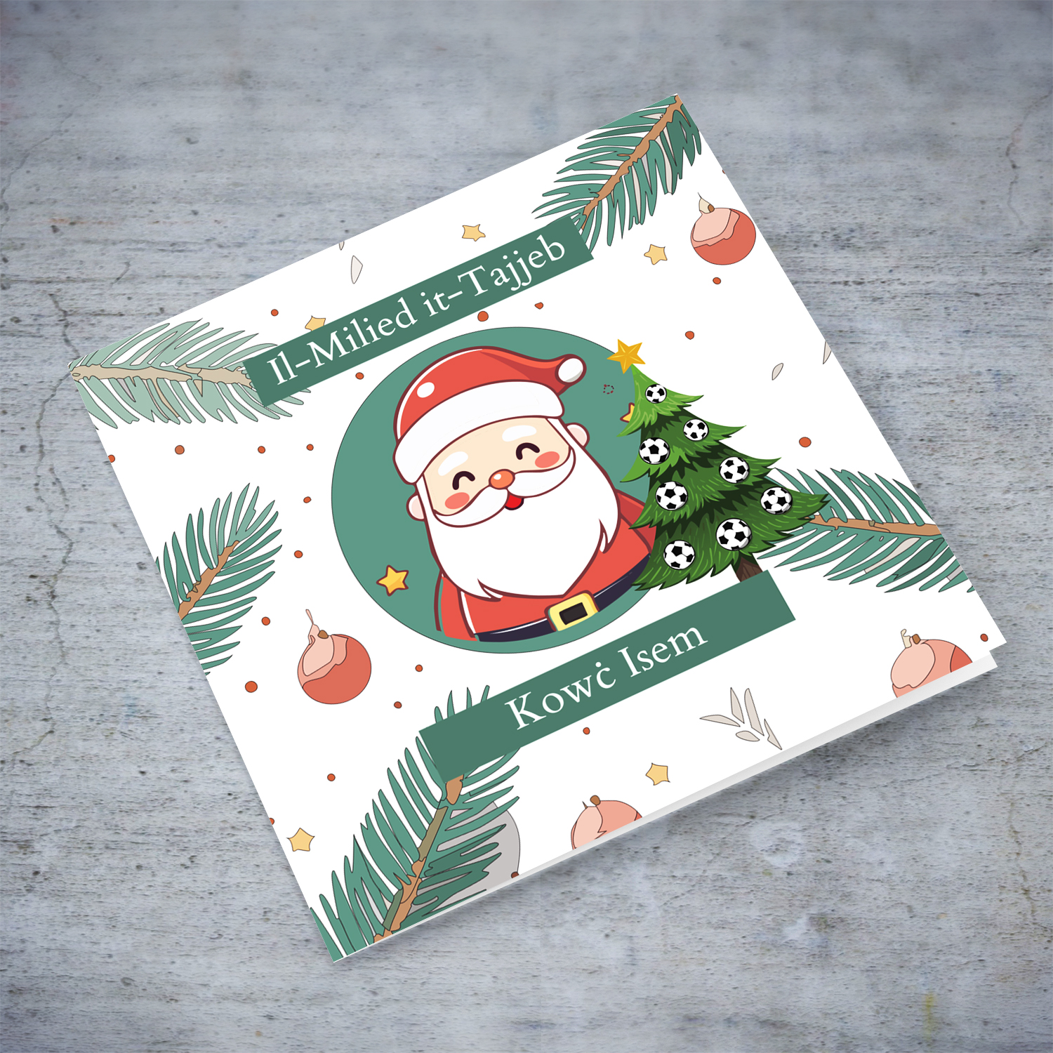 Father Christmas themed xmas card with branches and baubles for coach in Maltese (Personalisable)