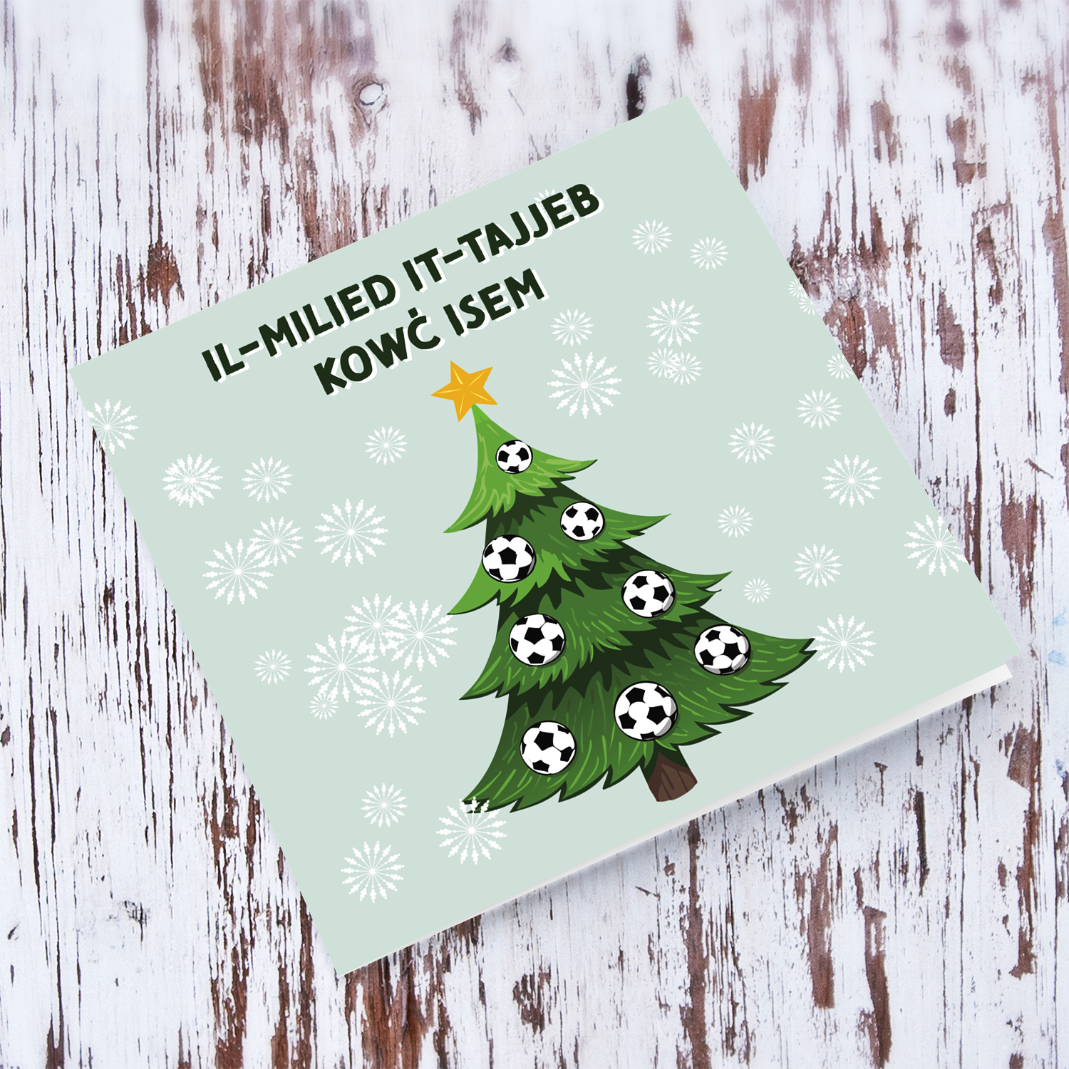 Christmas tree with football baubles themed christmas card for coach in Maltese (Personalisable)