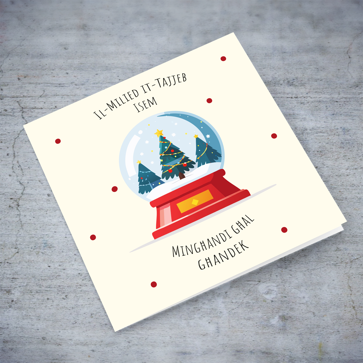 Cute Christmas bauble themed card in black text - from me to you in Maltese (Personalisable)