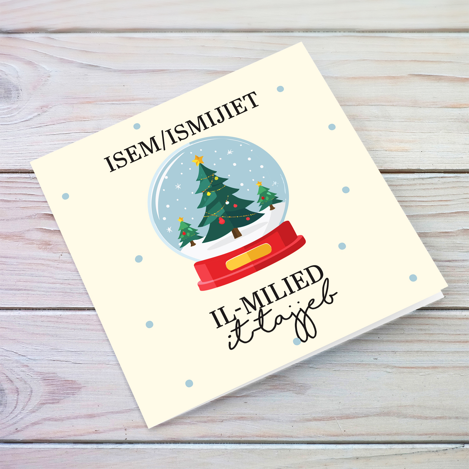 Cute Christmas bauble themed card in black text in Maltese (Personalisable)