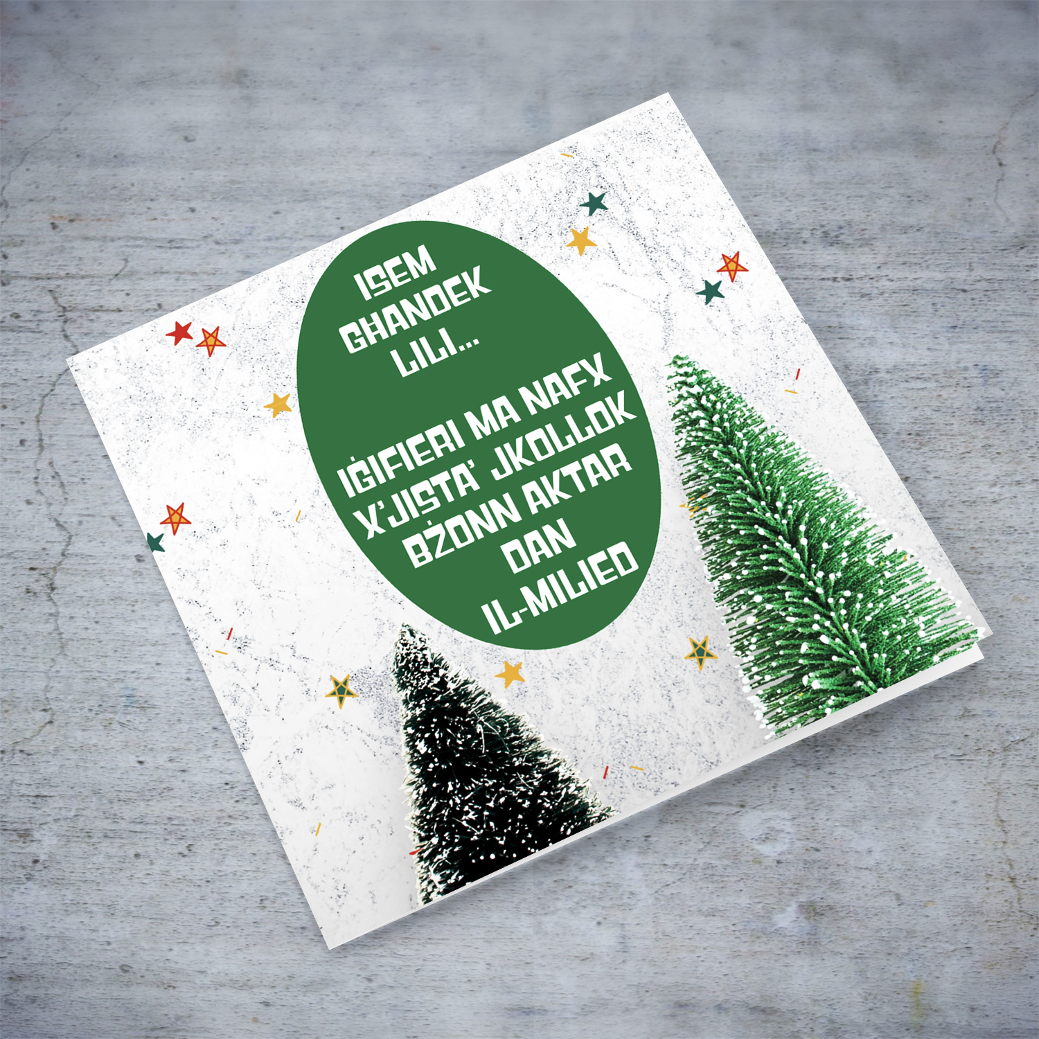Funny Christmas card in grey background and Xmas trees in Maltese (Personalisable)
