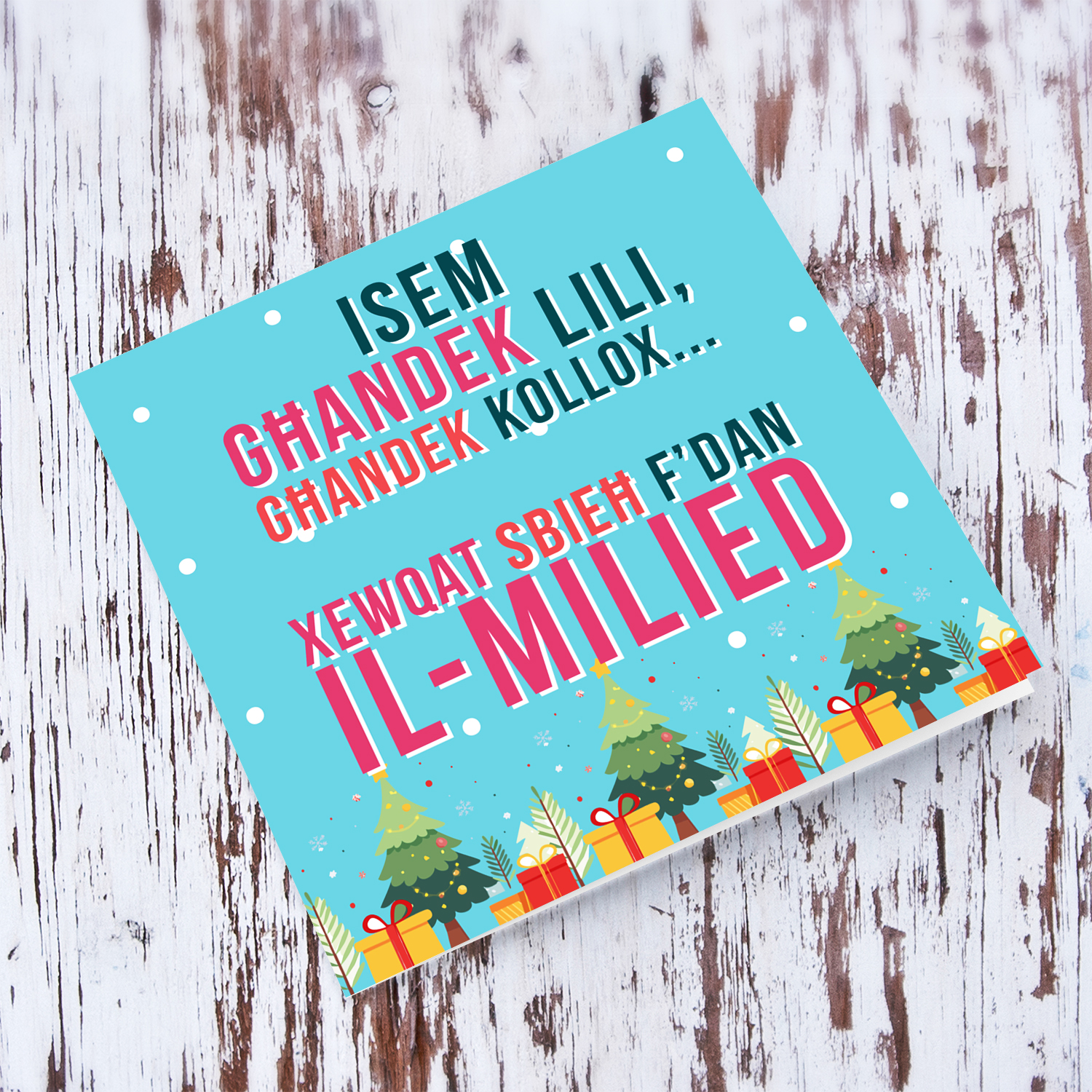 Funny Christmas card with blue background and colourful text in Maltese (Singular & Personalisable)