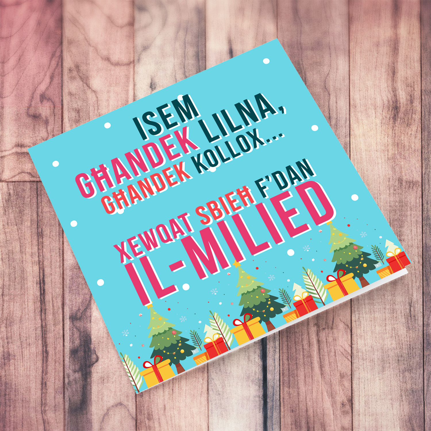 Funny Christmas card with blue background and colourful text in Maltese (Plural & Personalisable)
