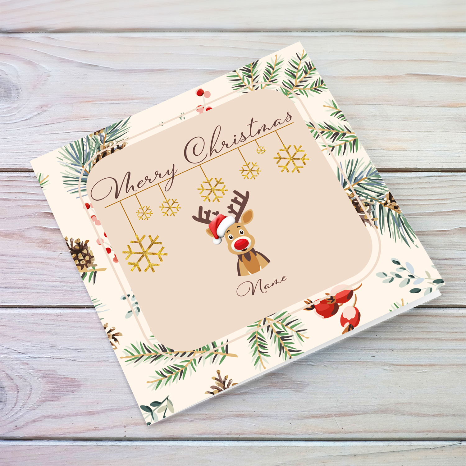 A cute open Christmas card, featuring a reindeer wearing santa's hat, with hanging snowflakes in English (Personalisable, neutral & unisex)