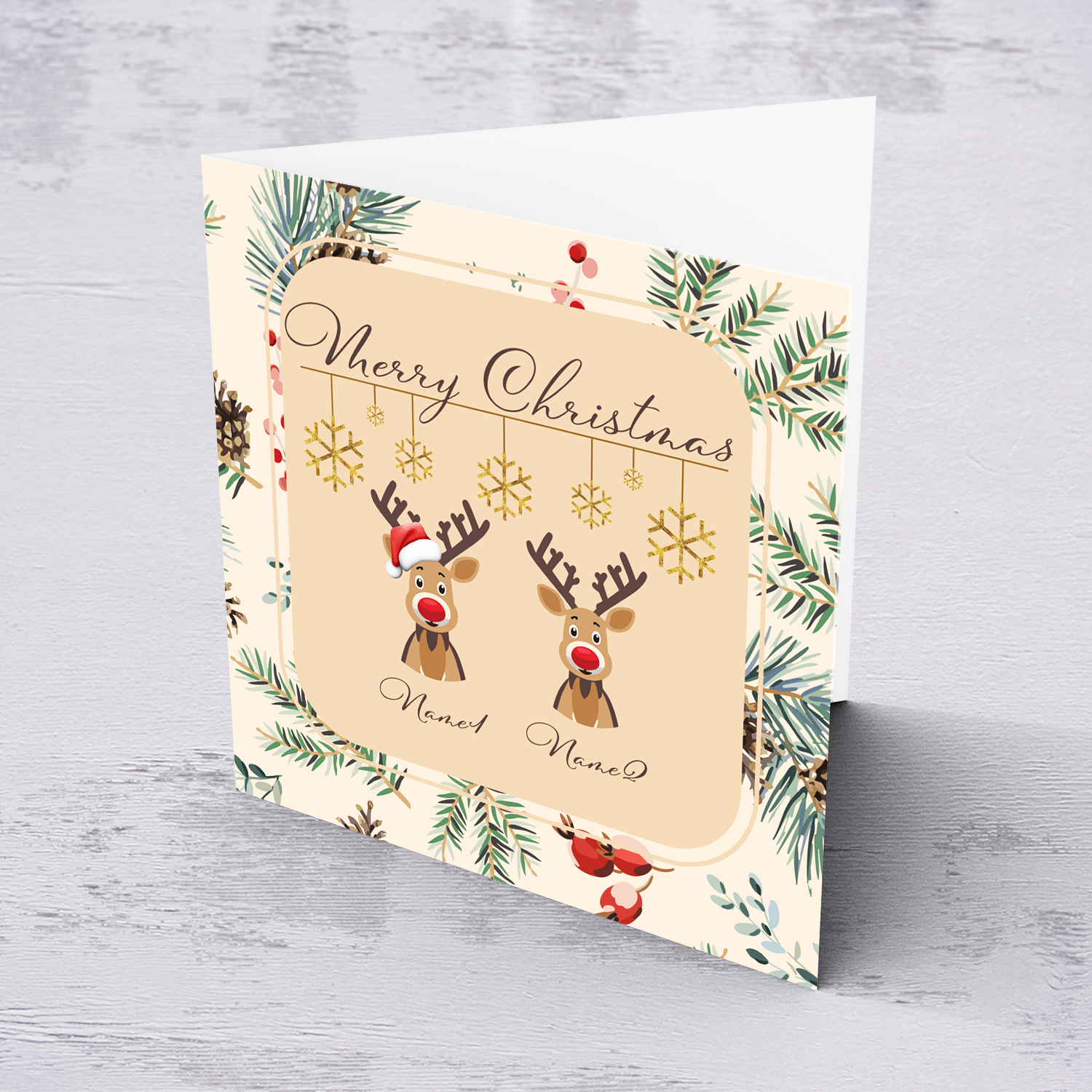 A cute open Christmas card, featuring 2 reindeers wearing santa's hat, with hanging snowflakes in English (Personalisable, neutral & unisex)
