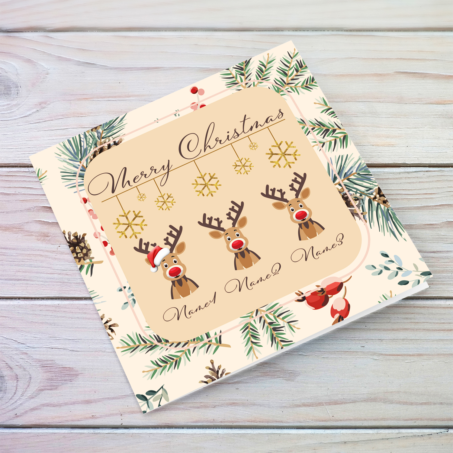 A cute open Christmas card, featuring 3 reindeers wearing santa's hat, with hanging snowflakes in English (Personalisable, neutral & unisex)