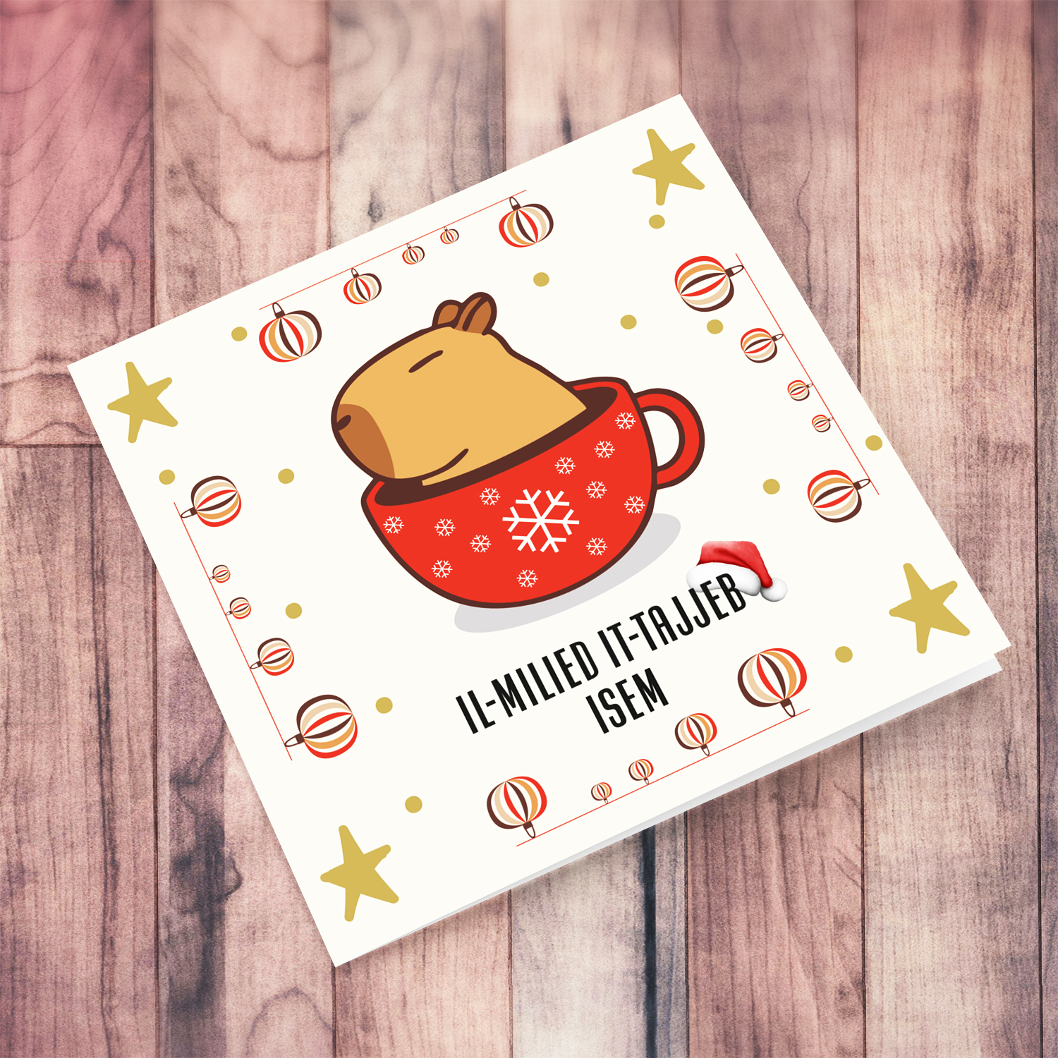 A cute capybara christmas card - with a capybara sitting in a red mug in Maltese (Personalisable)