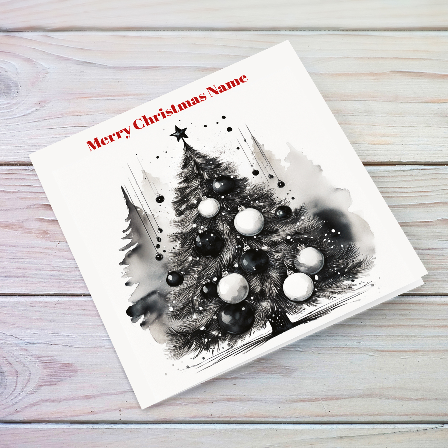 A black and white Christmas tree card with red Christmas greetings in English (Personalisable)