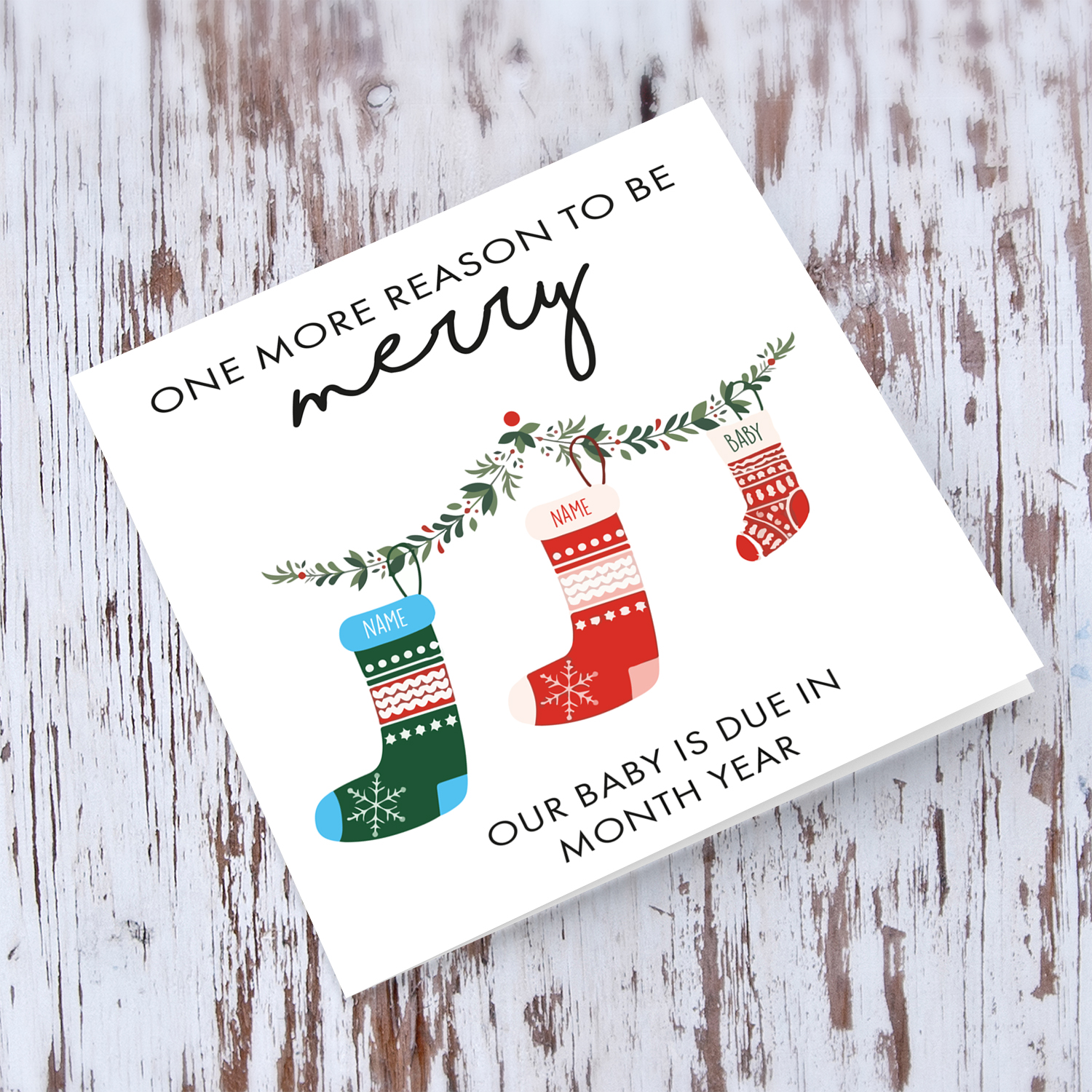 Baby Announcement - One more reason to be merry - Surprise Pregnancy Christmas card in English (Personalisable)