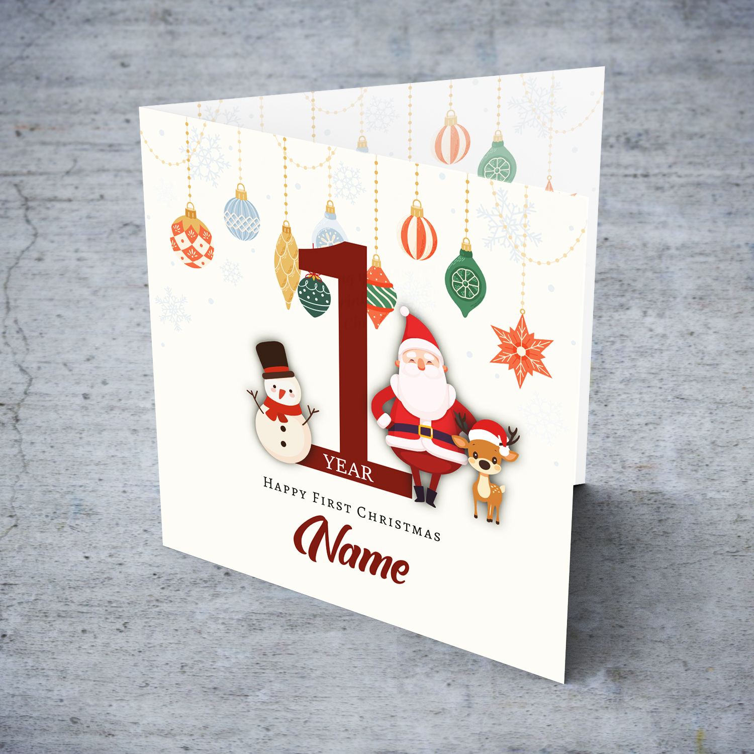 A special First Christmas card, featuring hanging baubles with a cute snowman, santa, and reindeer in English (Personalisable with year and name)