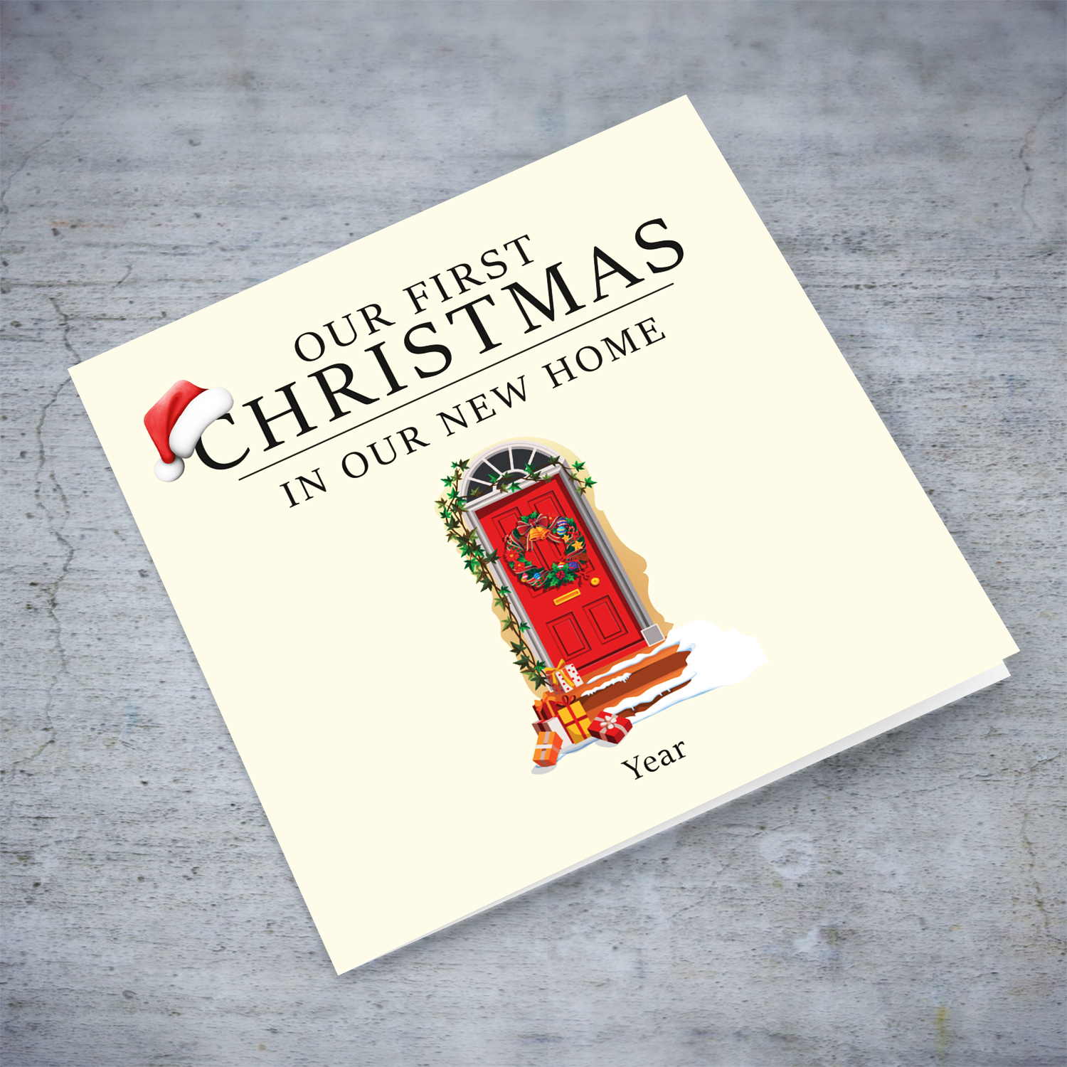 First Christmas in new home greeting card, featuring a nice red door with Christmas wreath and other decorations in English (Personalisable with year)