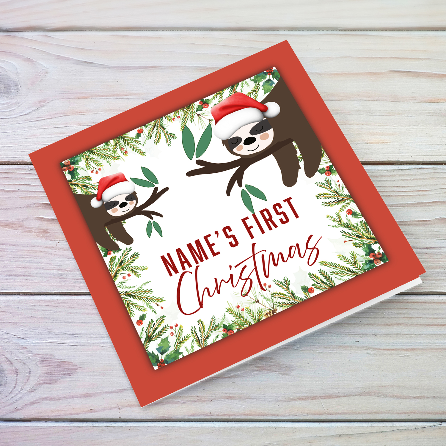 A cute first Christmas card, featuring 2 sloths wearing Santa hats in English (Personalisable & unisex)