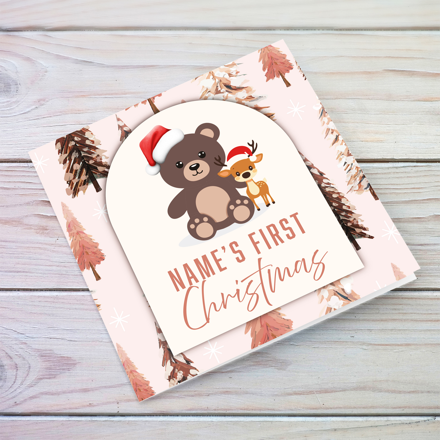 Baby's First Christmas, featuring a pink christmas tree background, with cute teddy bear and reindeer wearing santa's hats in English (Personalisable)