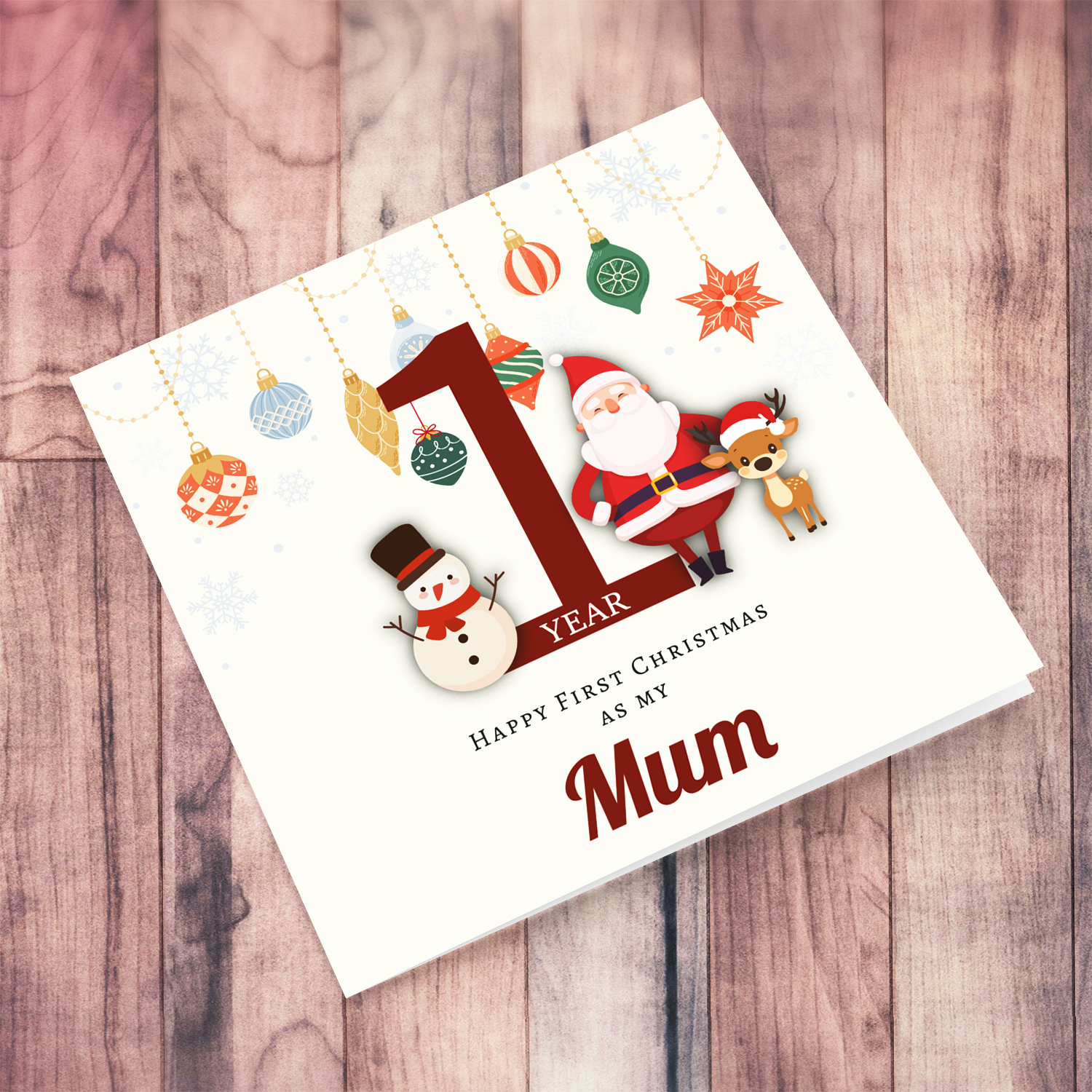 A special First Christmas card, featuring hanging baubles with a cute snowman, santa, and reindeer for Mum in English