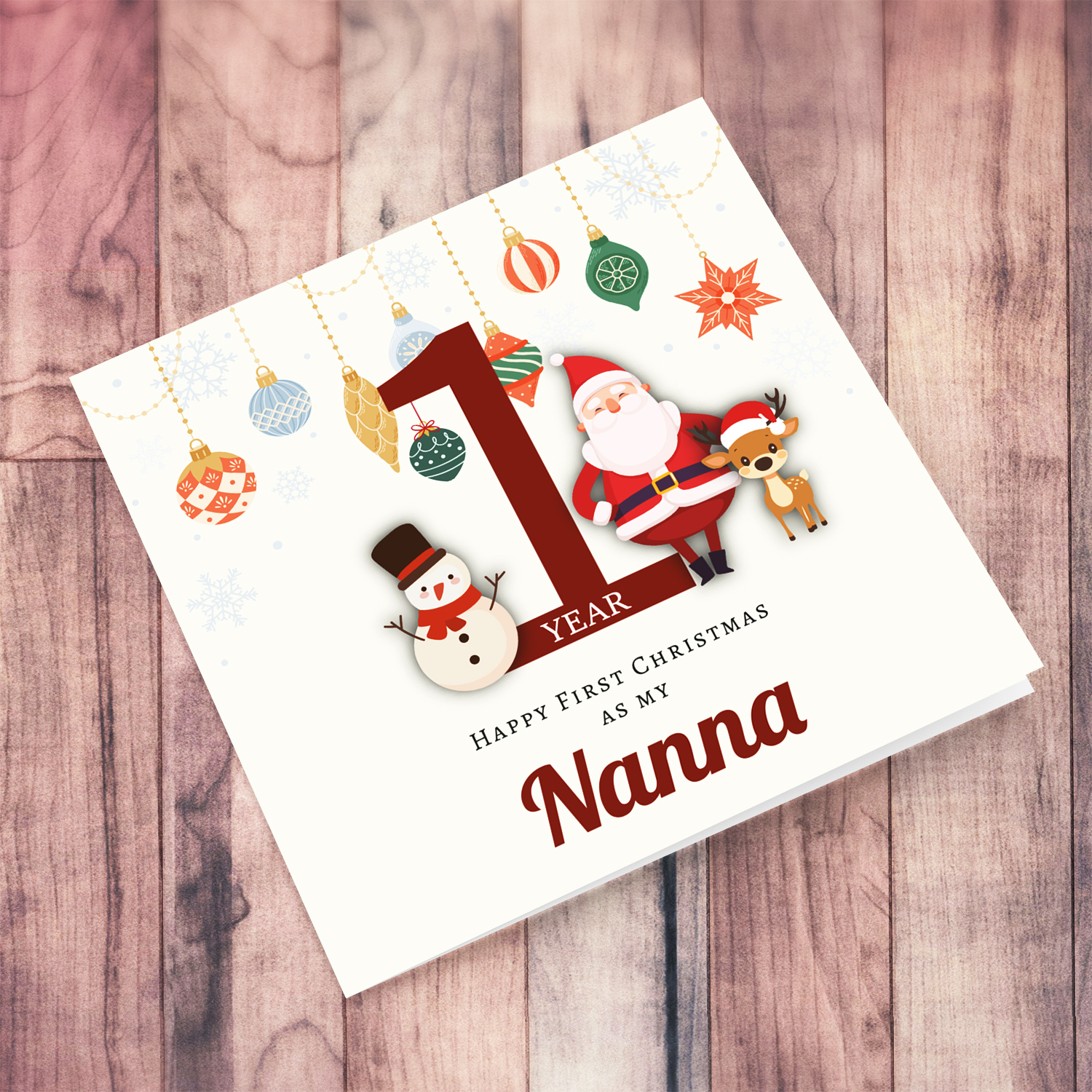 A special First Christmas card, featuring hanging baubles with a cute snowman, santa, and reindeer for Nanna / Grandma in English
