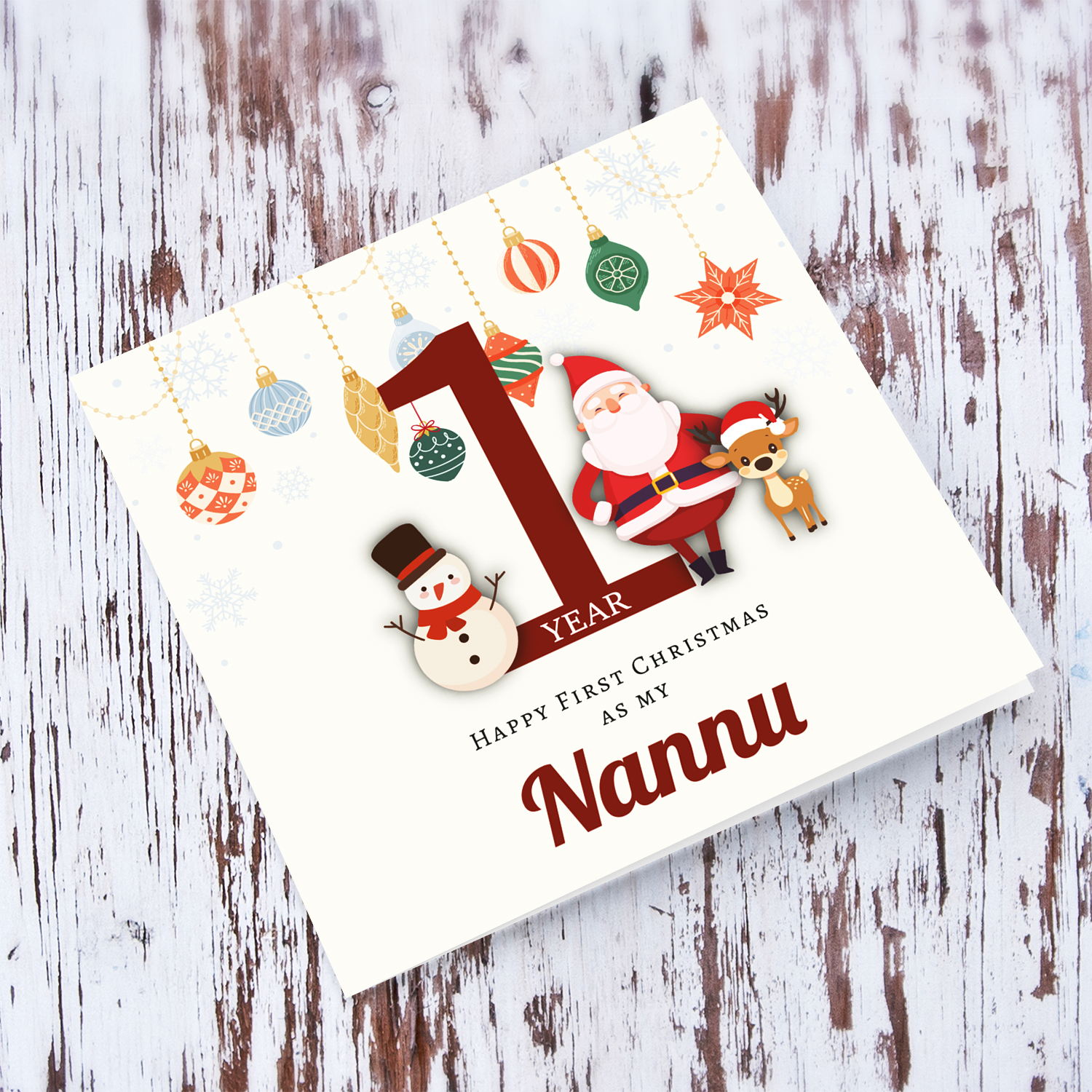 A special First Christmas card, featuring hanging baubles with a cute snowman, santa, and reindeer for Nannu / Grandpa in English