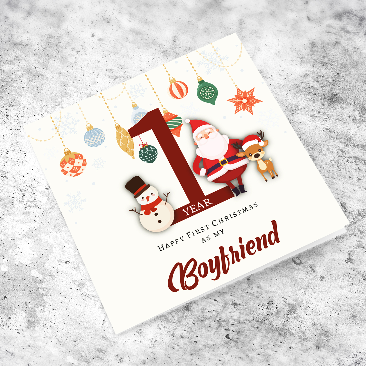 A special First Christmas card, featuring hanging baubles with a cute snowman, santa, and reindeer for Boyfriend in English